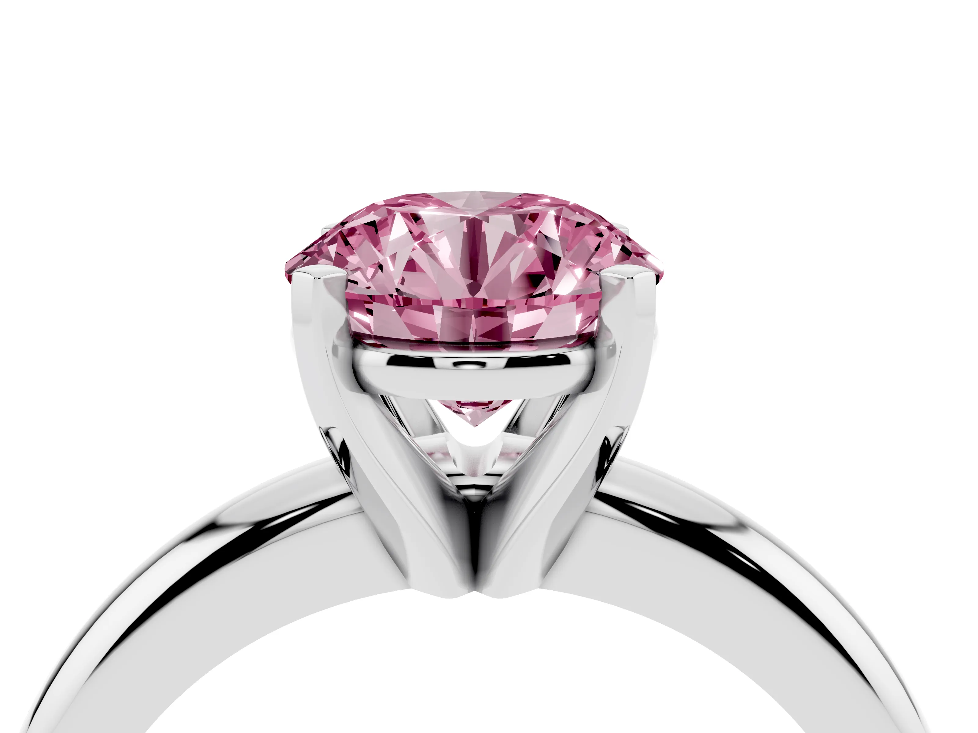 Fancy Pink Round Cut Diamond Solitaire Engagement Ring Set in Platinum with Round Band and Prong Setting