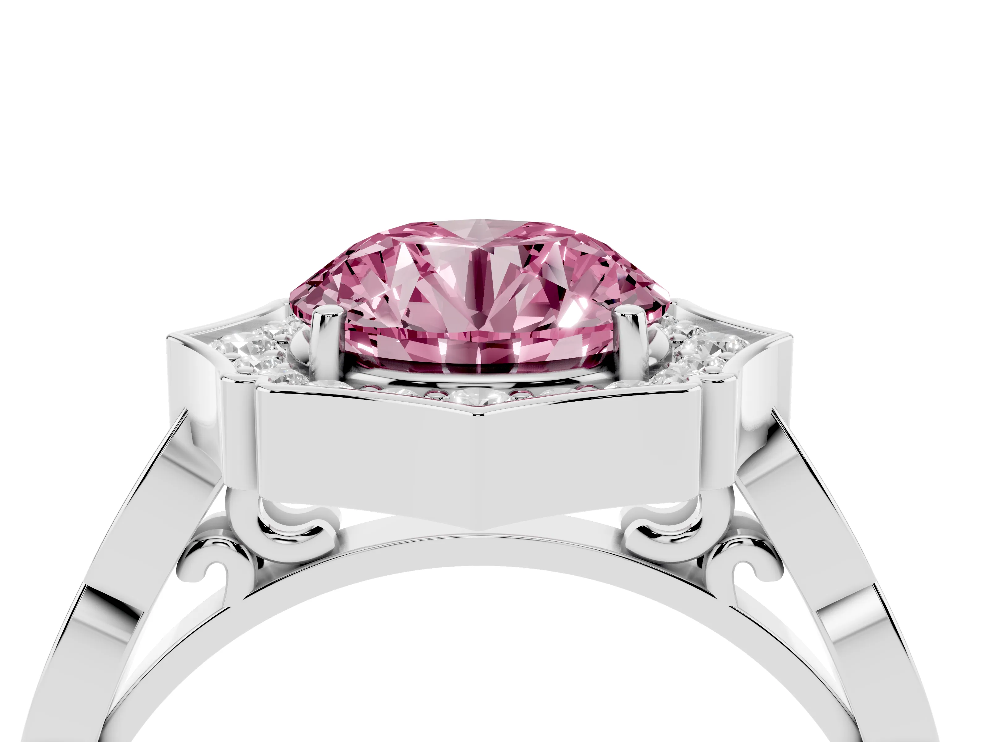 Fancy Pink Round Cut Diamond Halo Engagement Ring Set in Platinum with Milgrain Band and Prong Setting