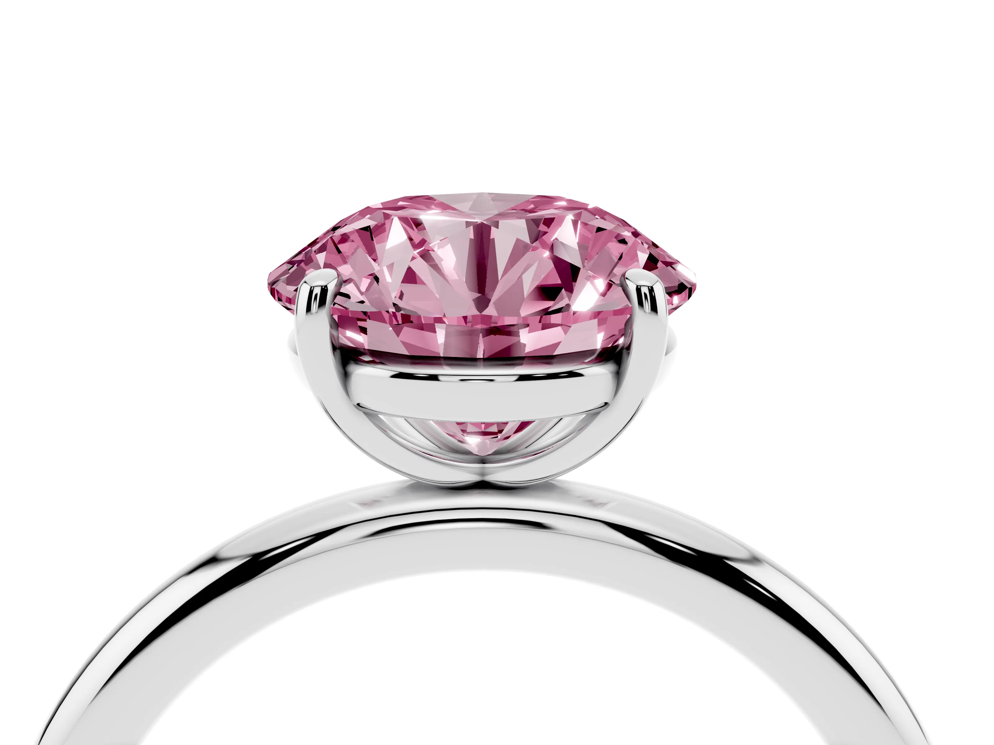 Fancy Pink Round Cut Diamond Solitaire Ring Set in Platinum with Prong Setting on a Polished Plain Band