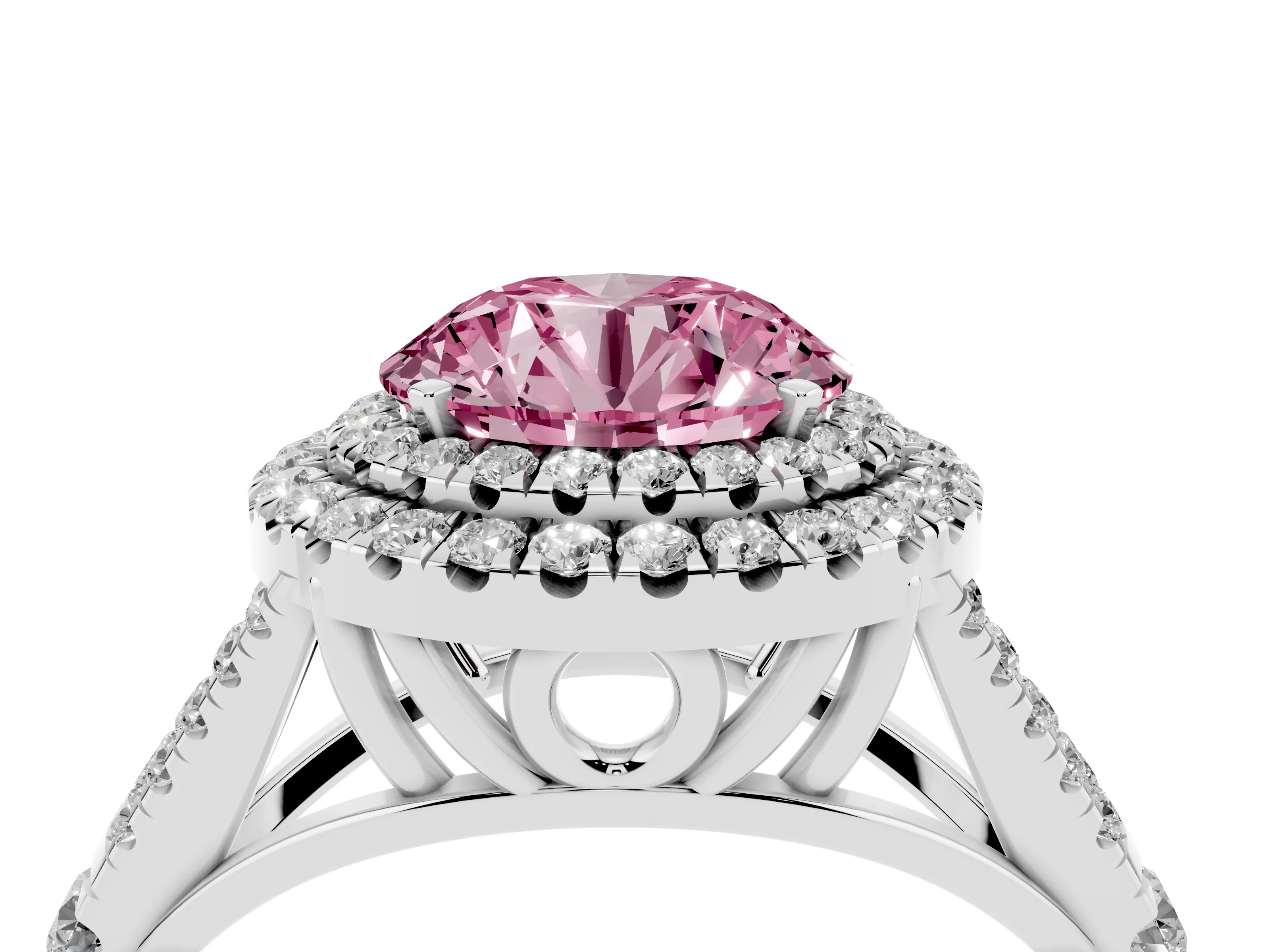 Fancy Pink Round Cut Diamond Pavé Split Shank Double Halo Engagement Ring Set in Silver