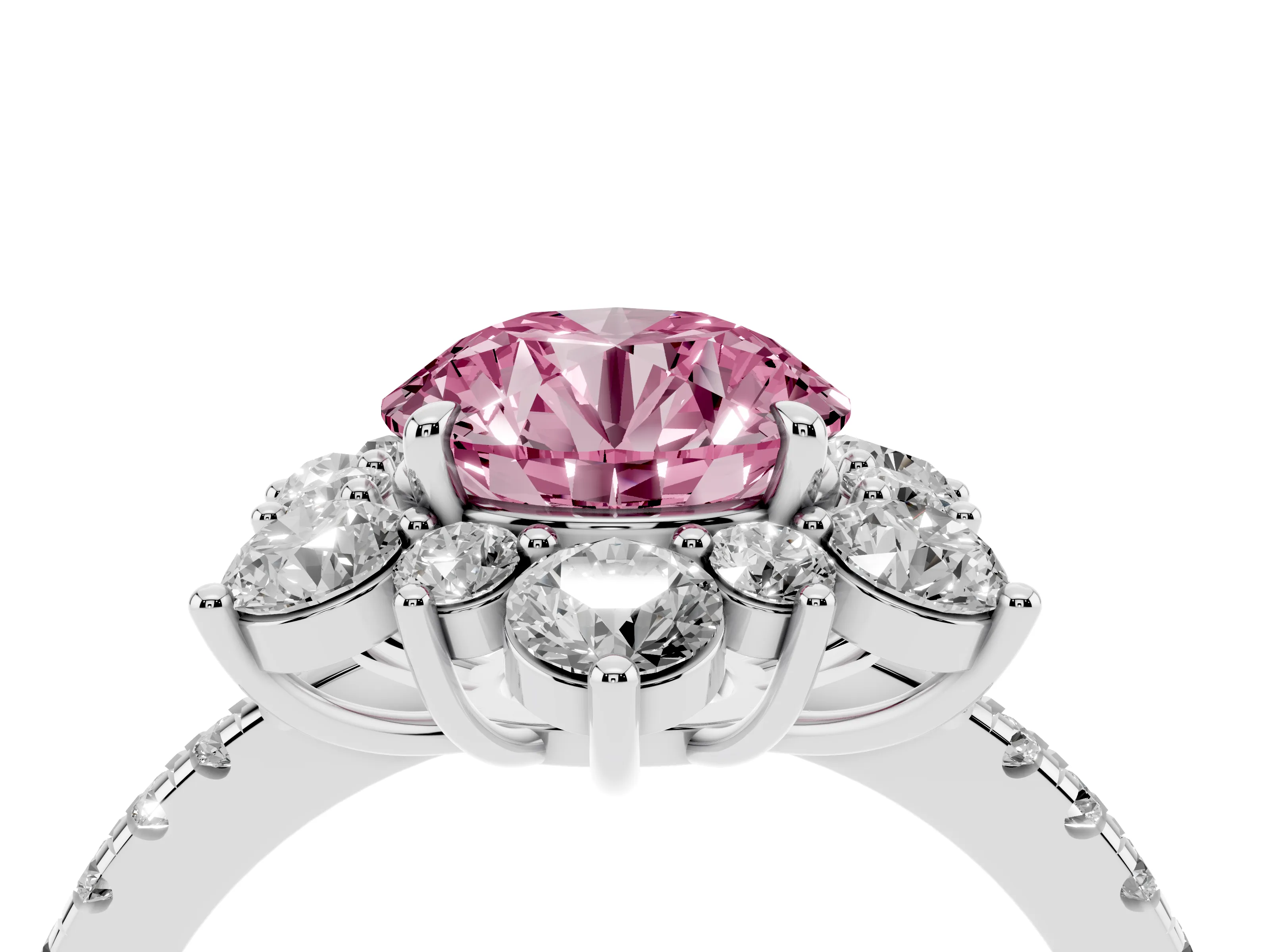 Fancy Pink Round Cut Diamond Floral Halo Ring Set in Platinum with Round Pavé Band and Prong Setting