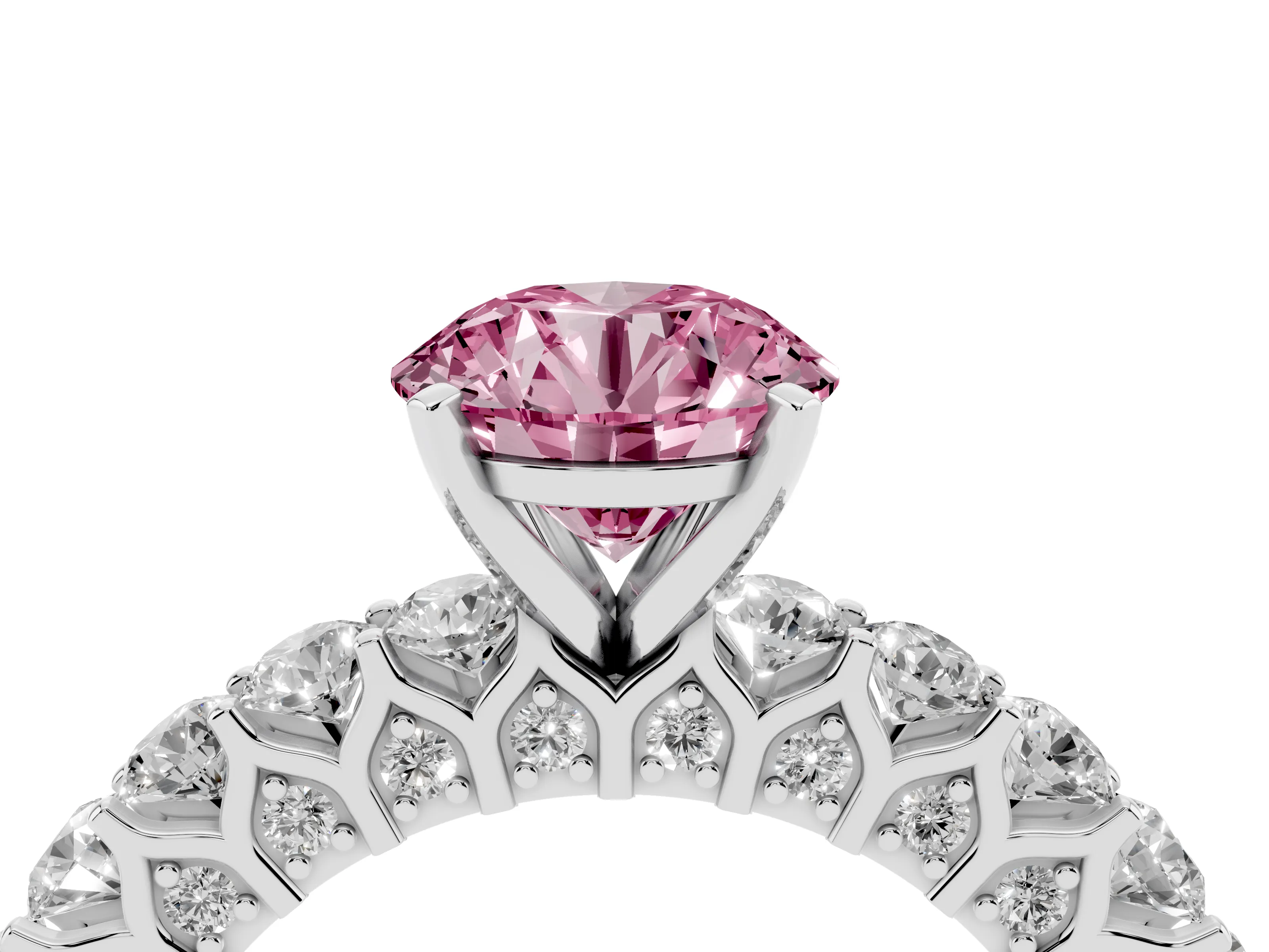 Fancy Pink Round Cut Diamond Solitaire Ring Set in Silver with Shared Prong Pavé Band