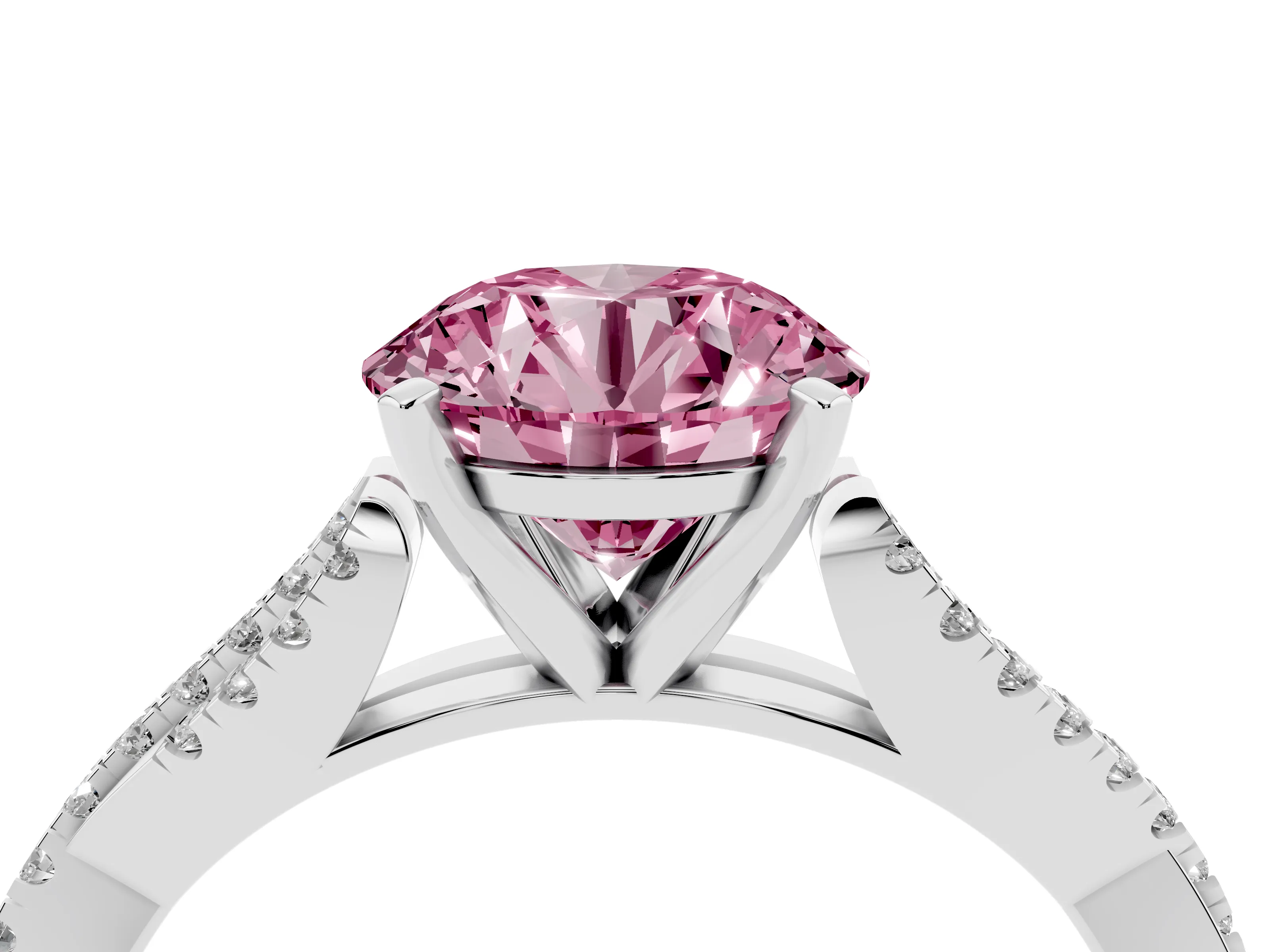 Fancy Pink Round Cut Diamond Solitaire Engagement Ring Set in Platinum with Twisted Pavé Band and Prong Setting