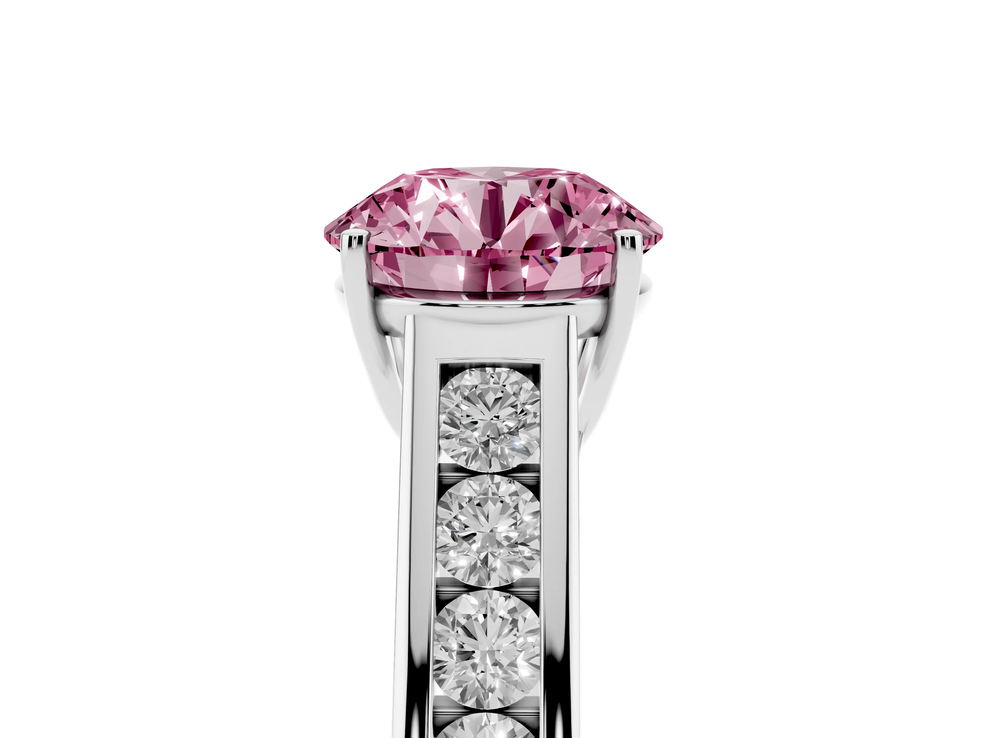 Fancy Pink Round Cut Diamond Solitaire Channel-Set Engagement Ring Set in Silver with Prong Setting