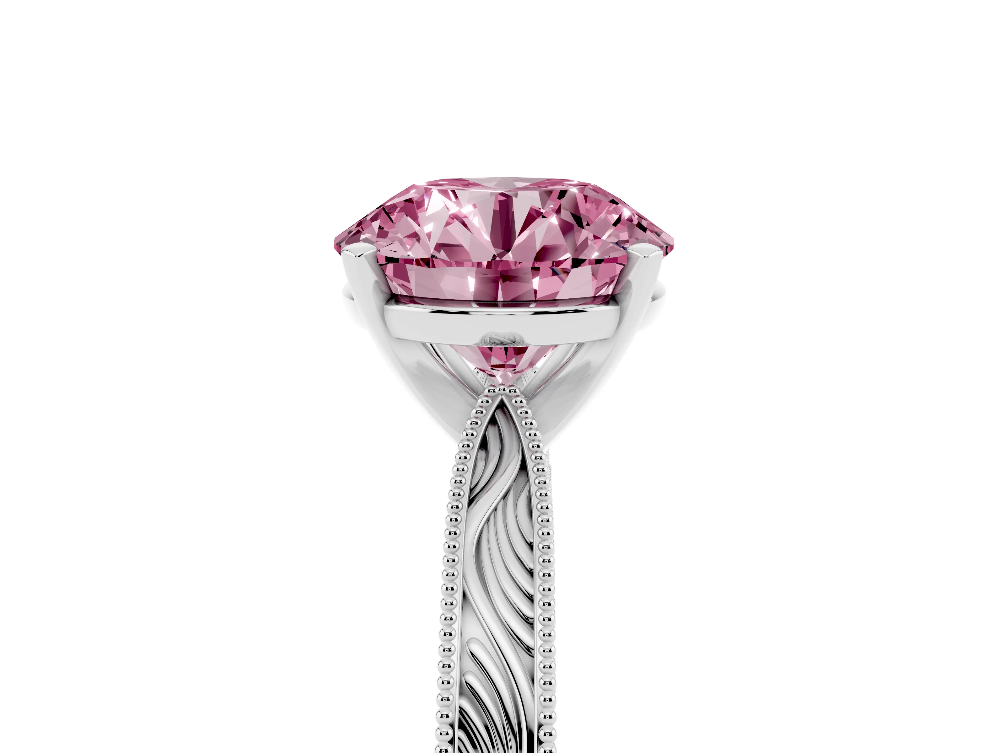 Fancy Pink Round Cut Diamond Solitaire Milgrain Engraved Band Set in Platinum with Prong Setting