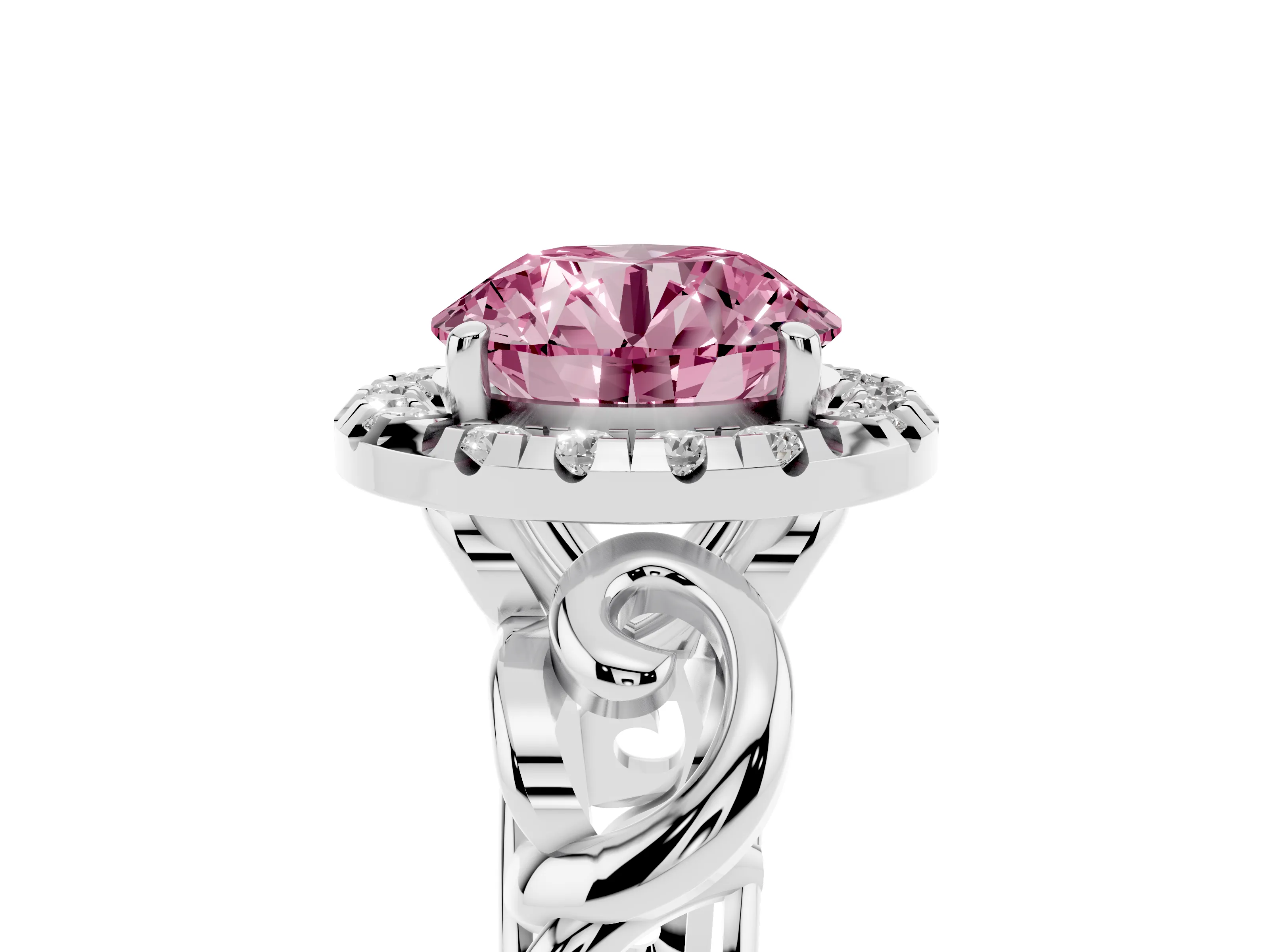 Fancy Pink Round Cut Diamond Halo Ring Set in Platinum with Scrollwork Band and Prong Setting