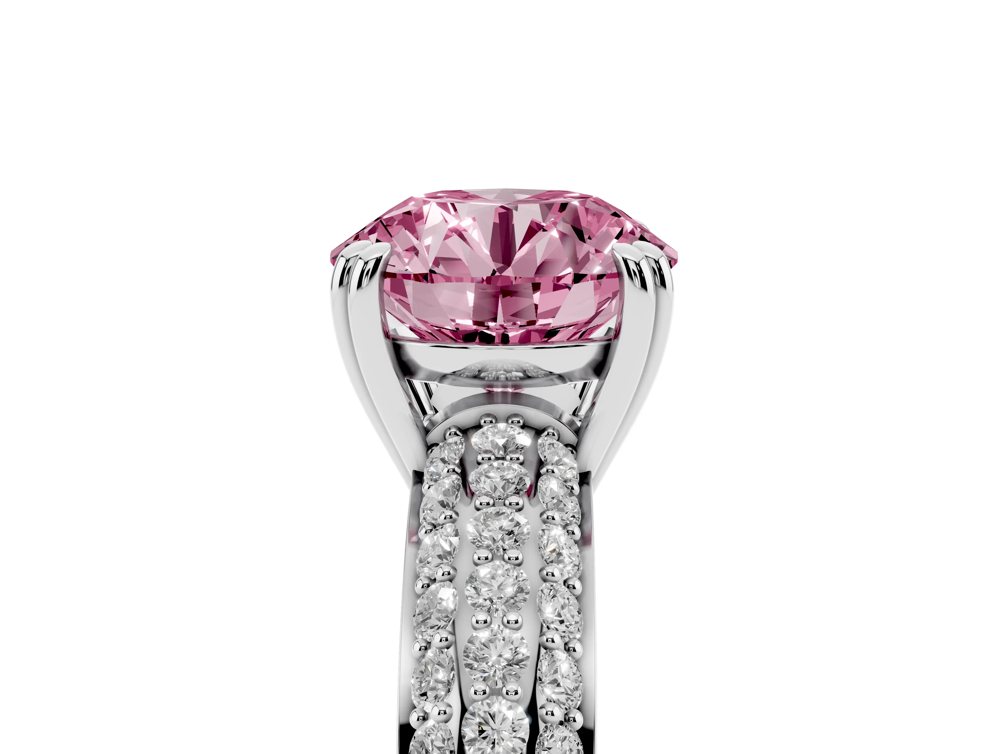 Fancy Pink Round Cut Diamond Solitaire Ring Set in Silver with Multi-Row Round Pavé Band and Prong Setting