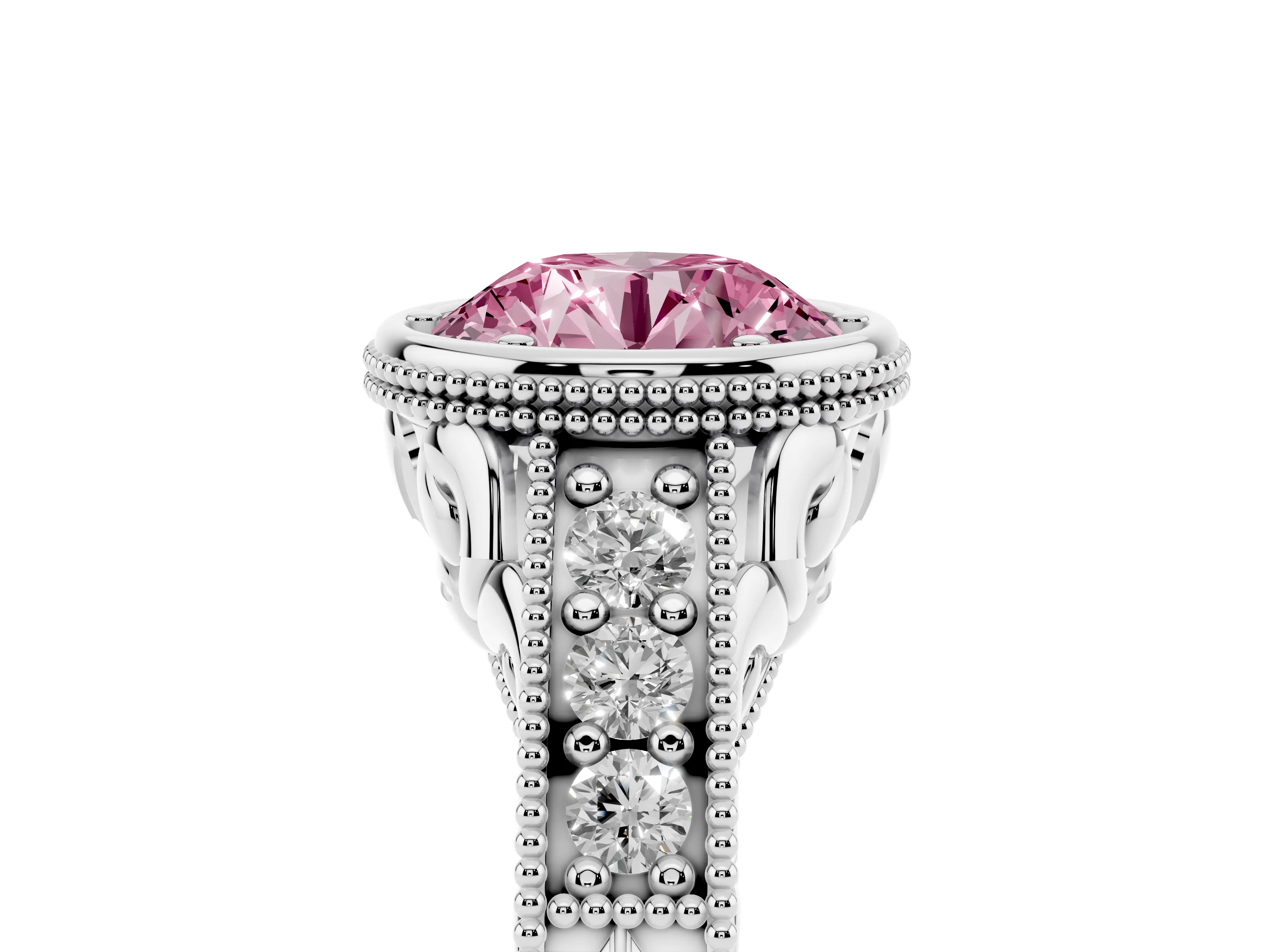 Fancy Pink Bezel Set Round Cut Diamond Milgrain Pavé Engagement Ring Set in White gold