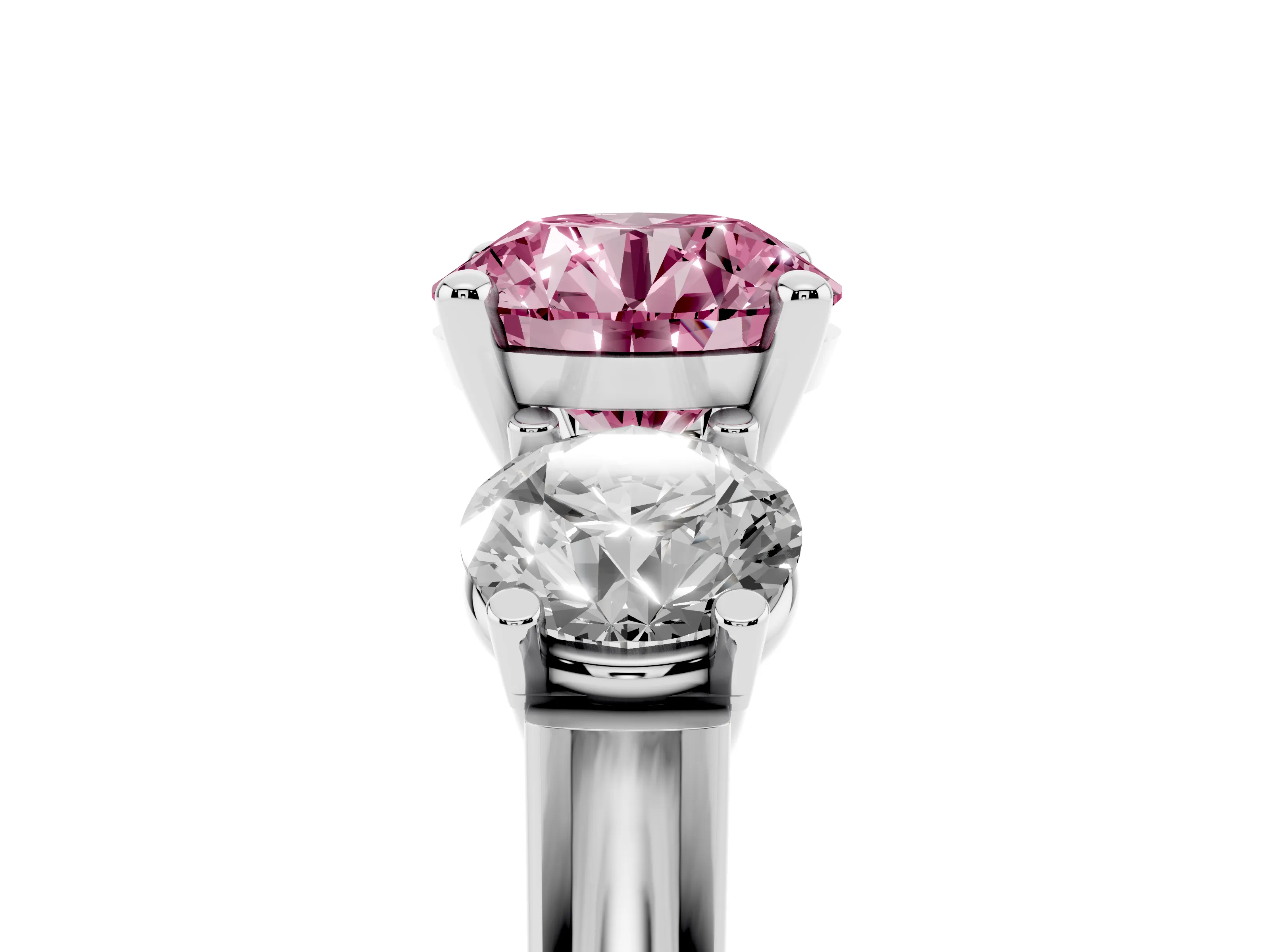 Fancy Pink Round Cut Diamond Three-Stone Trellis Ring Set in White gold with Comfort Fit Band