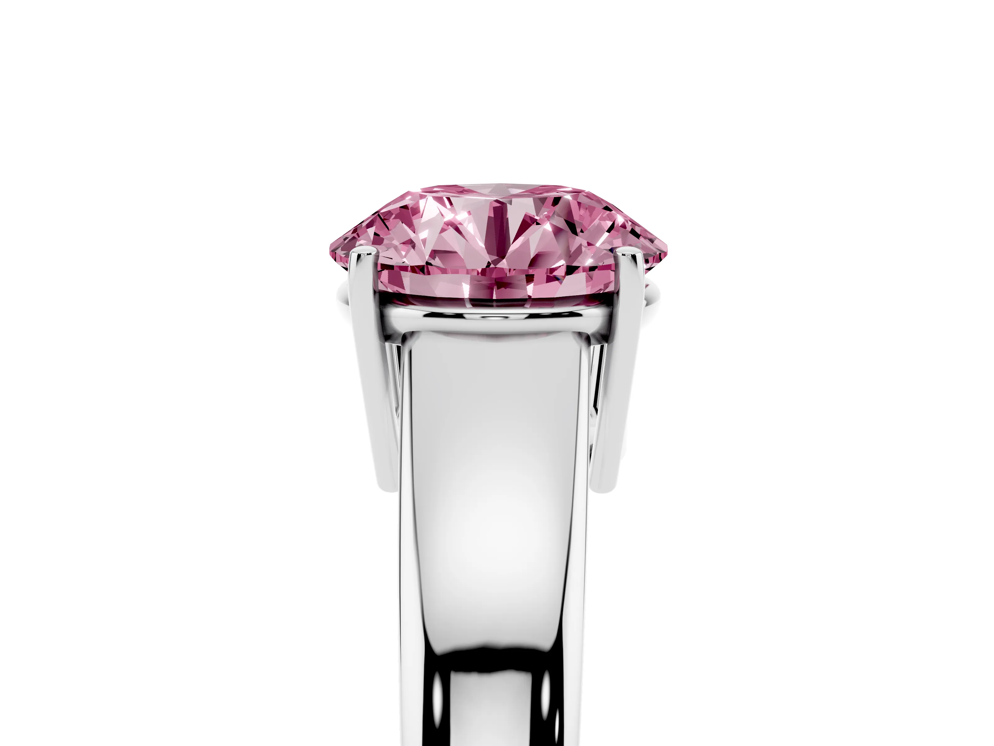 Fancy Pink Round Cut Diamond Solitaire Ring Set in Silver with Tapered Band and Prong Setting