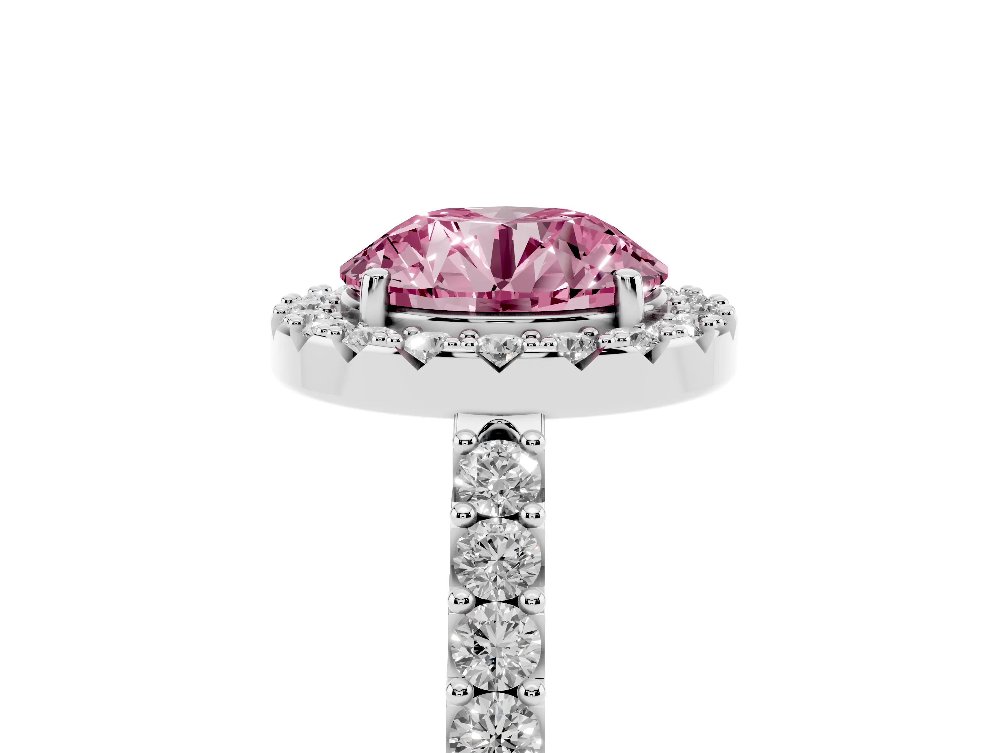 Fancy Pink Round Cut Diamond Halo Pavé Solitaire Ring Set in Silver with Prong-Set Center Stone