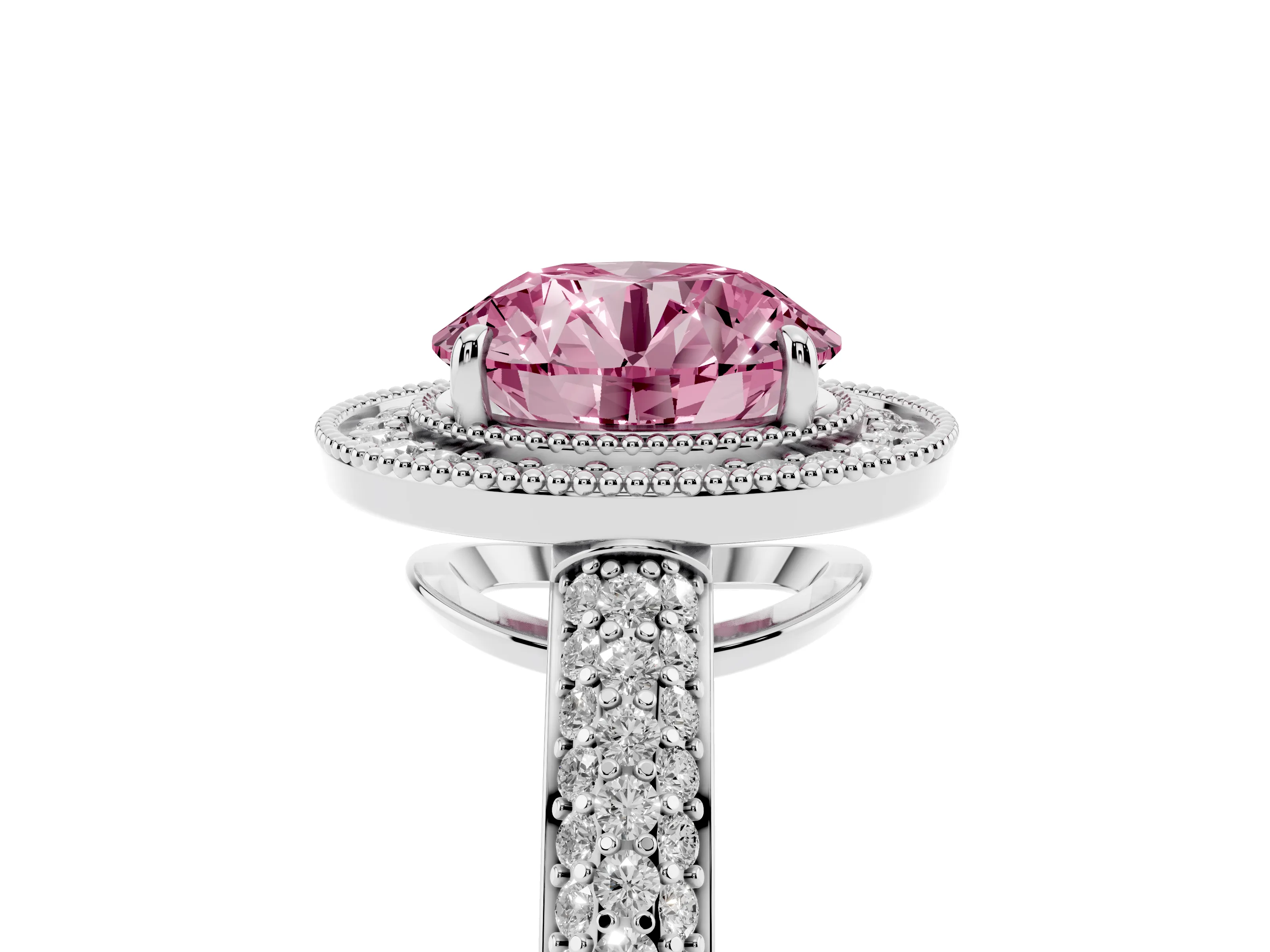 Fancy Pink Round Cut Diamond Halo Pavé Band Set in Platinum with Prong Setting