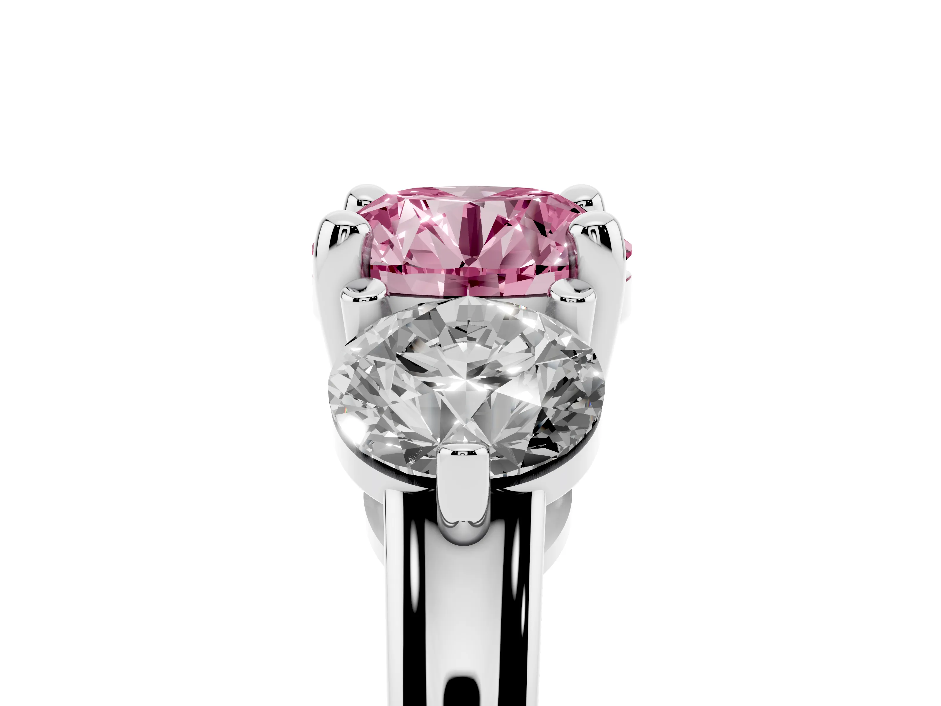 Fancy Pink Round Cut Diamond Three-Stone Ring Set in White gold with Prong Setting and Classic Band