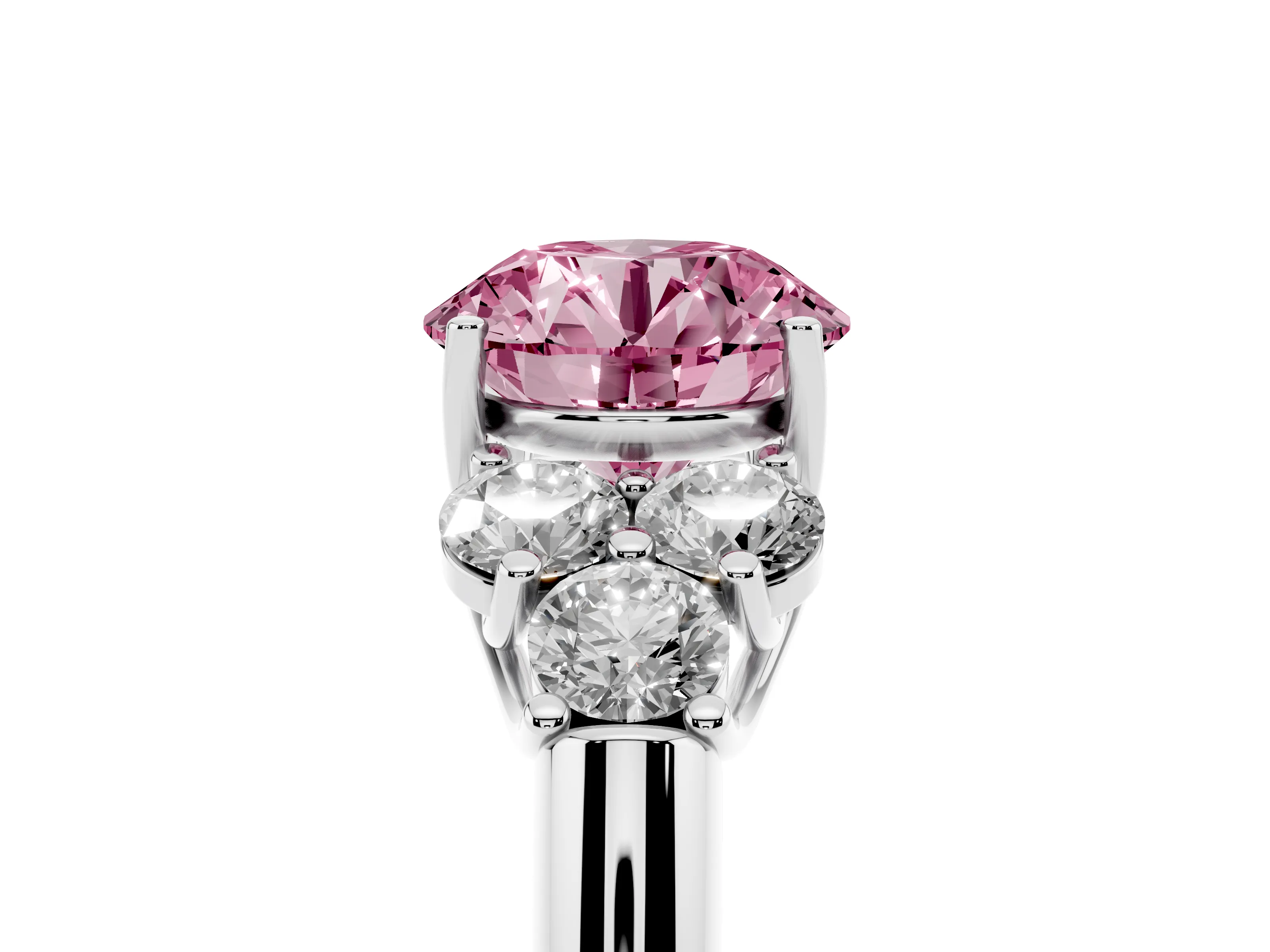 Fancy Pink Round Cut Diamond Cluster Ring Set in Silver with Round Accent Stones and Prong Setting on a Plain Band