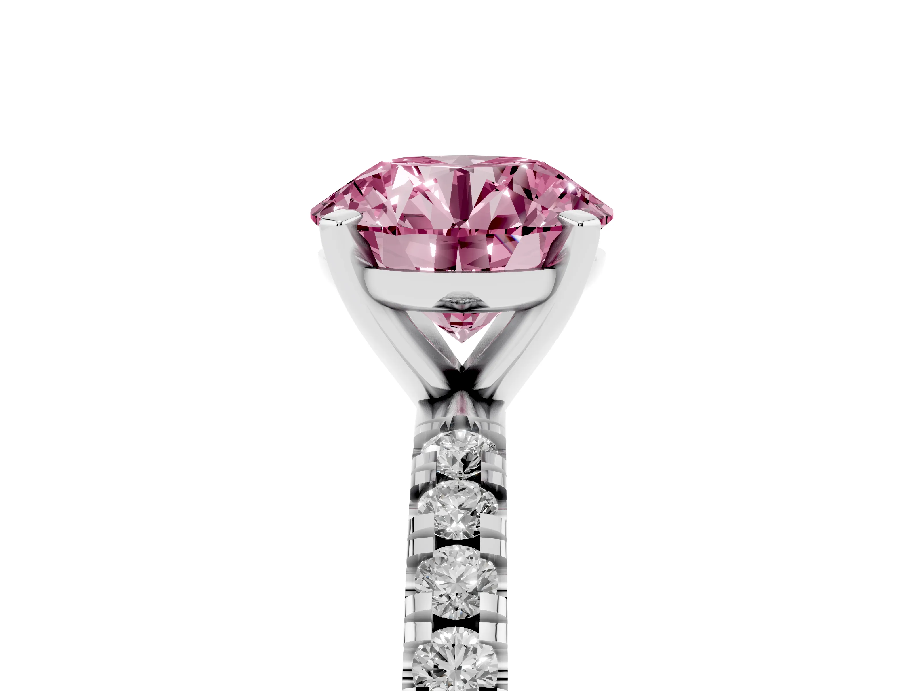 Fancy Pink Round Cut Diamond Pavé Band Solitaire Set in Platinum with Prong Setting