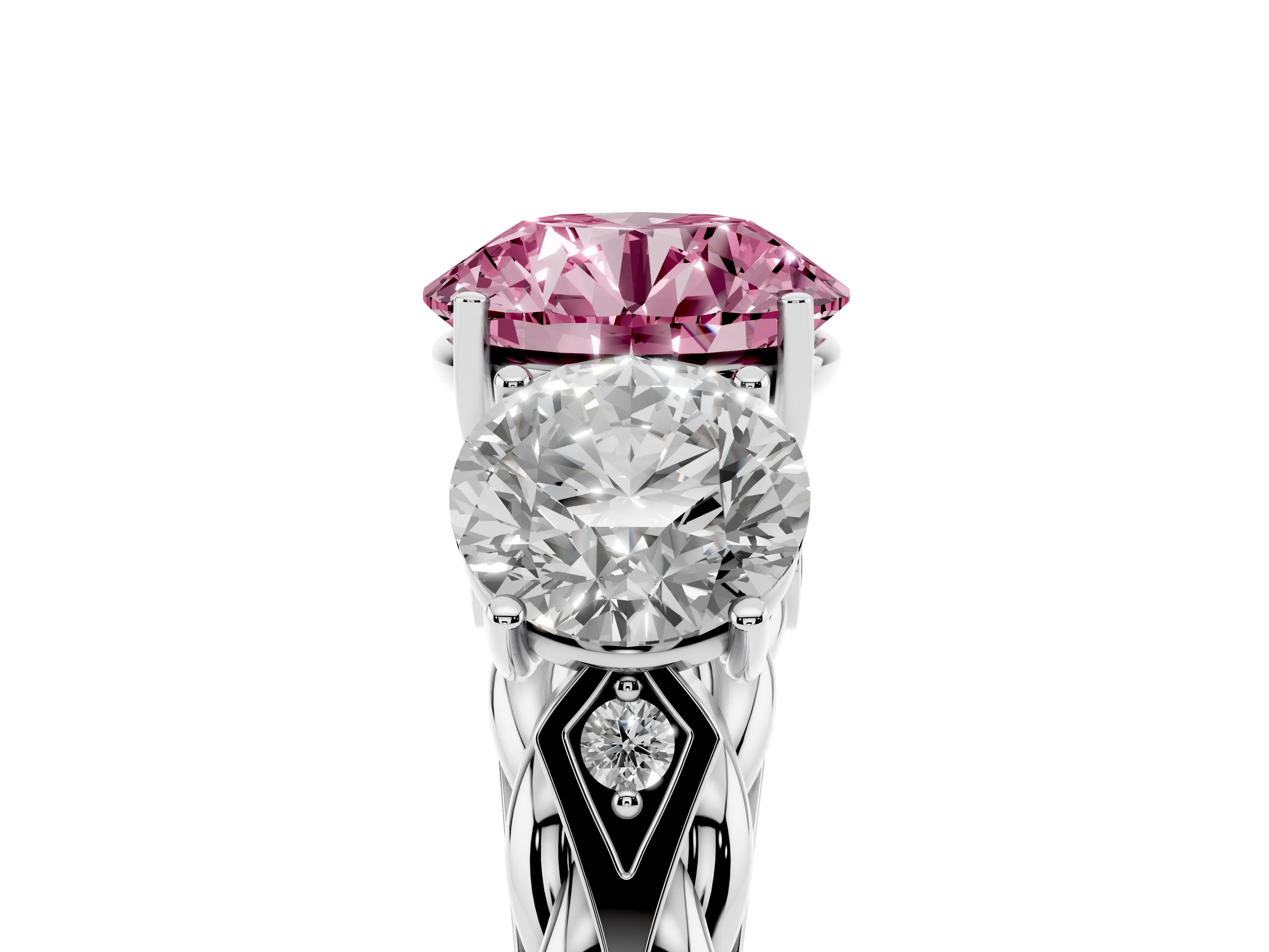 Fancy Pink Round Cut Diamond Three-Stone Ring Set in Silver with Braided Band