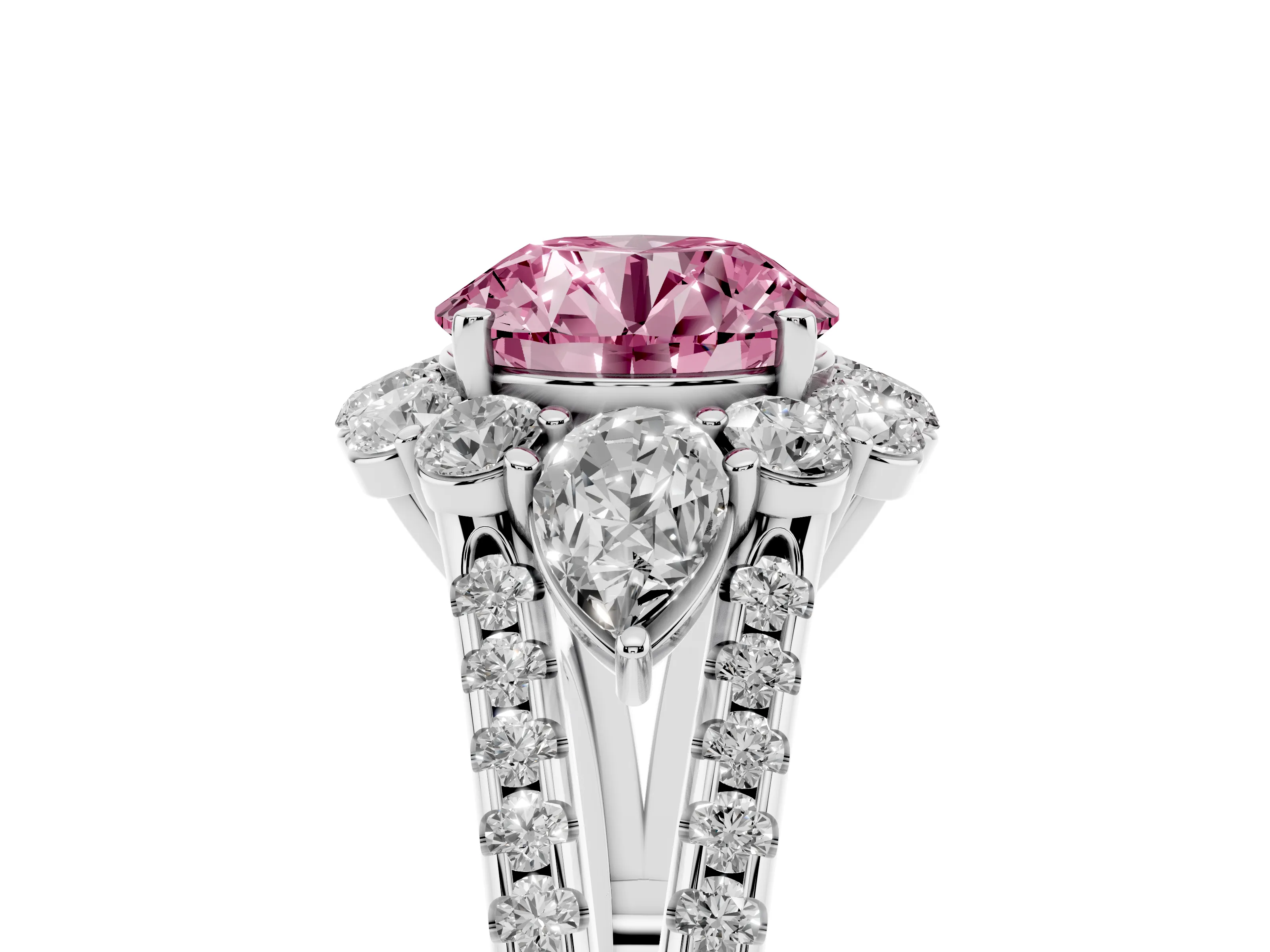 Fancy Pink Round Cut Diamond Halo Split Shank Engagement Ring Set in Platinum with Prong-Held Center Stone
