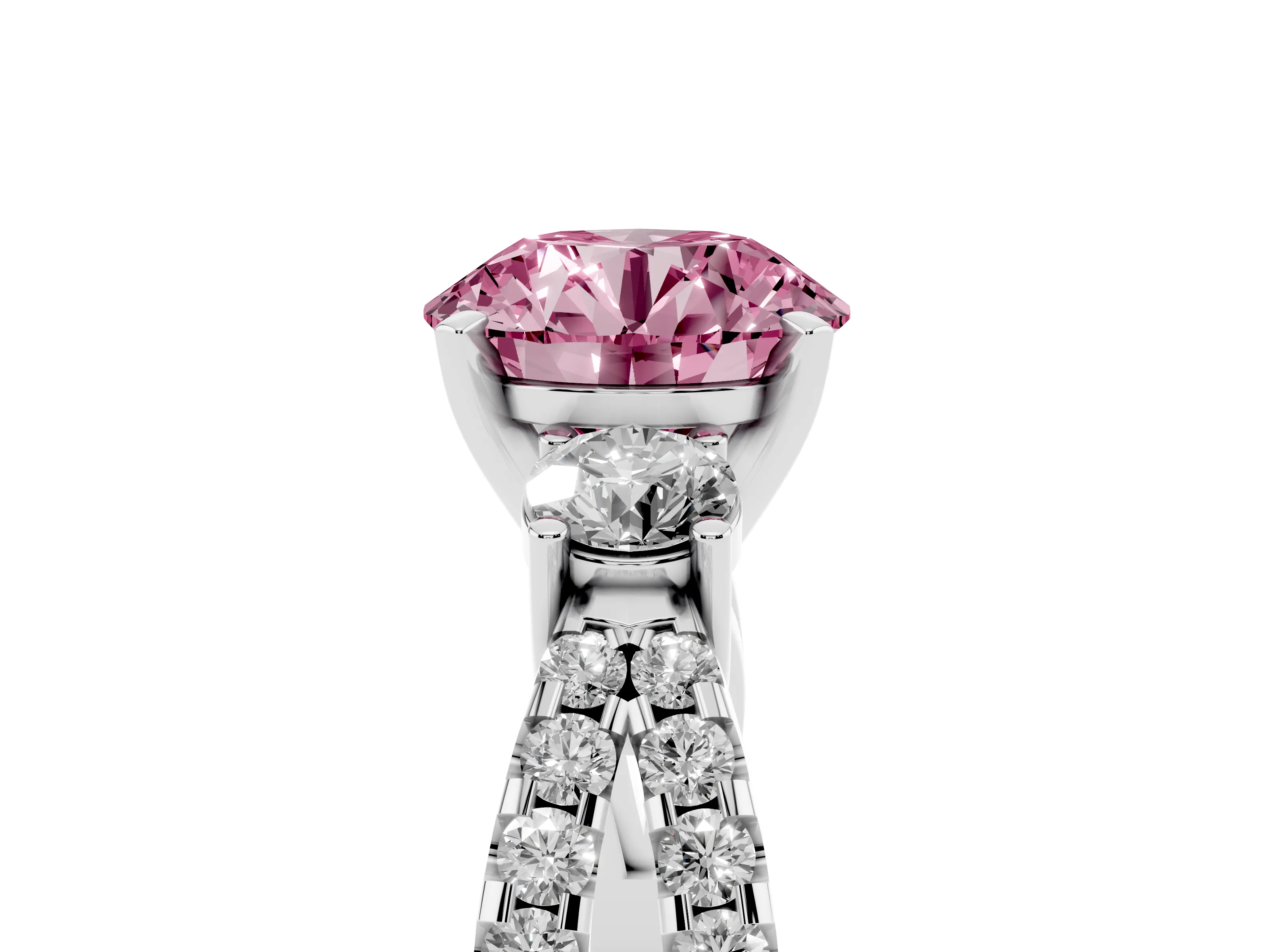 Fancy Pink Round Cut Diamond Three-Stone Ring Set in White gold with Pavé Split Shank and Prong Setting