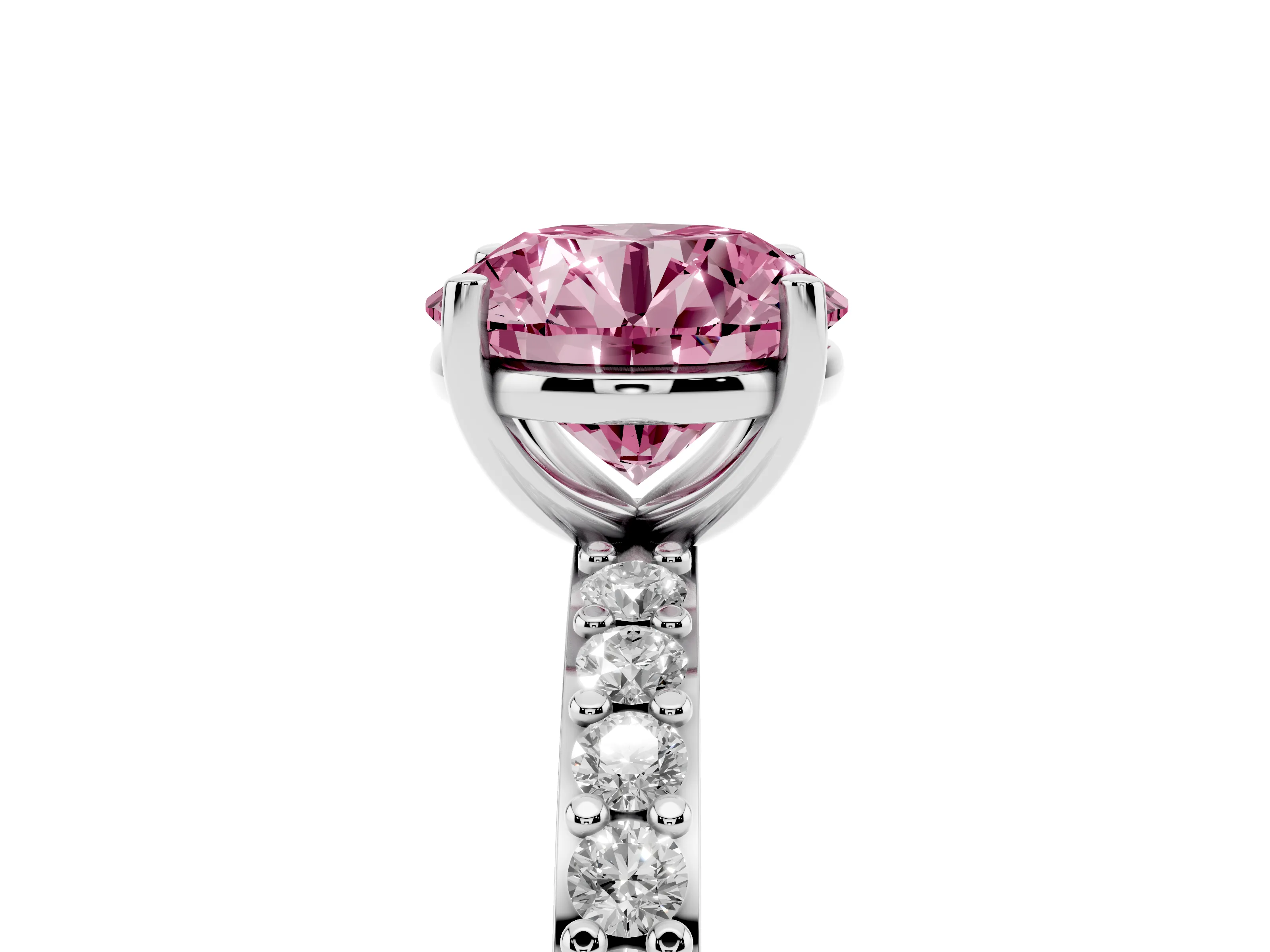 Fancy Pink Round Cut Diamond Solitaire Set in Platinum with Round Pavé Band and Prong Setting