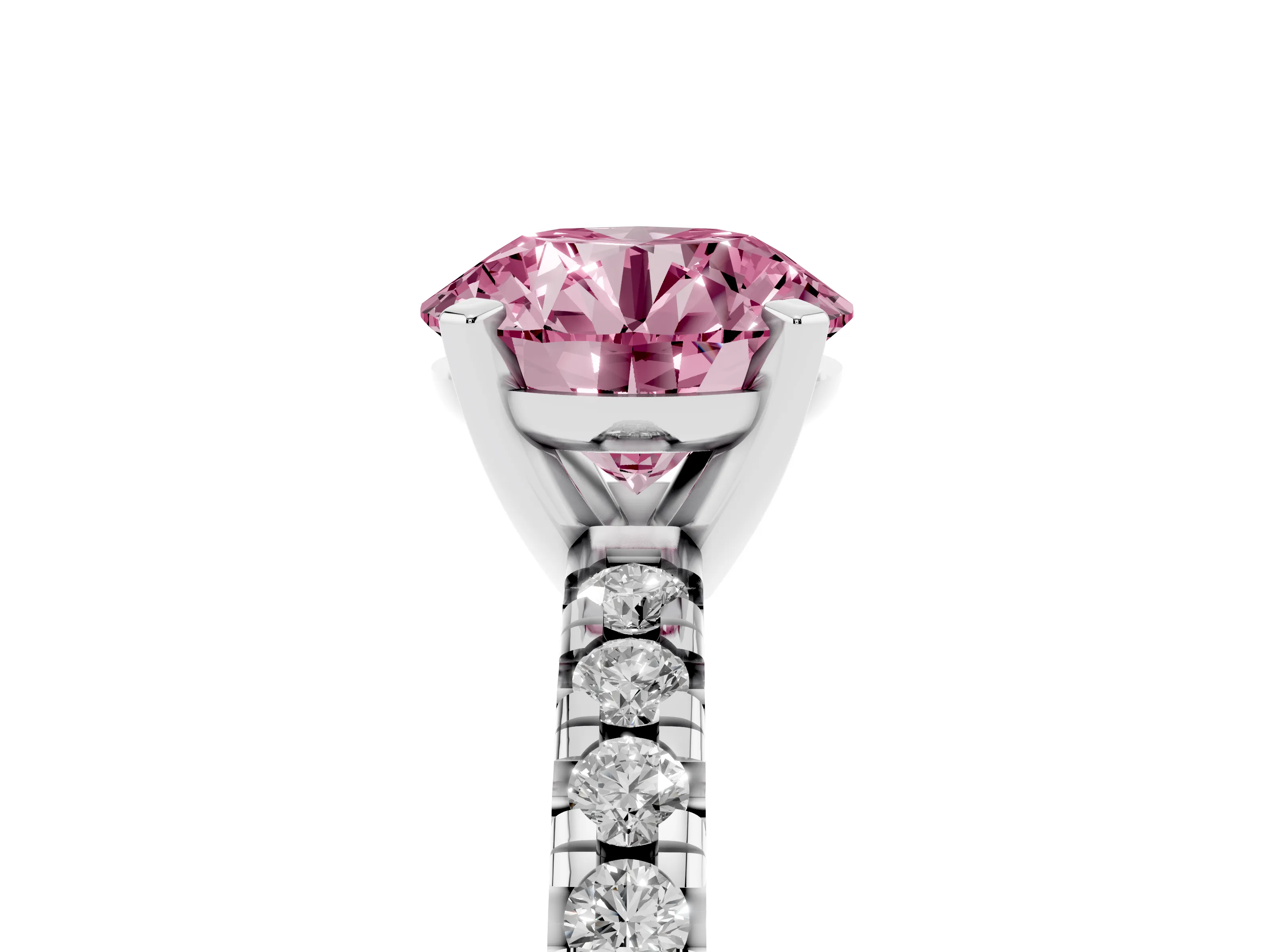 Fancy Pink Round Cut Diamond Solitaire Pavé Engagement Ring Set in White gold with Round Band and Prong Setting