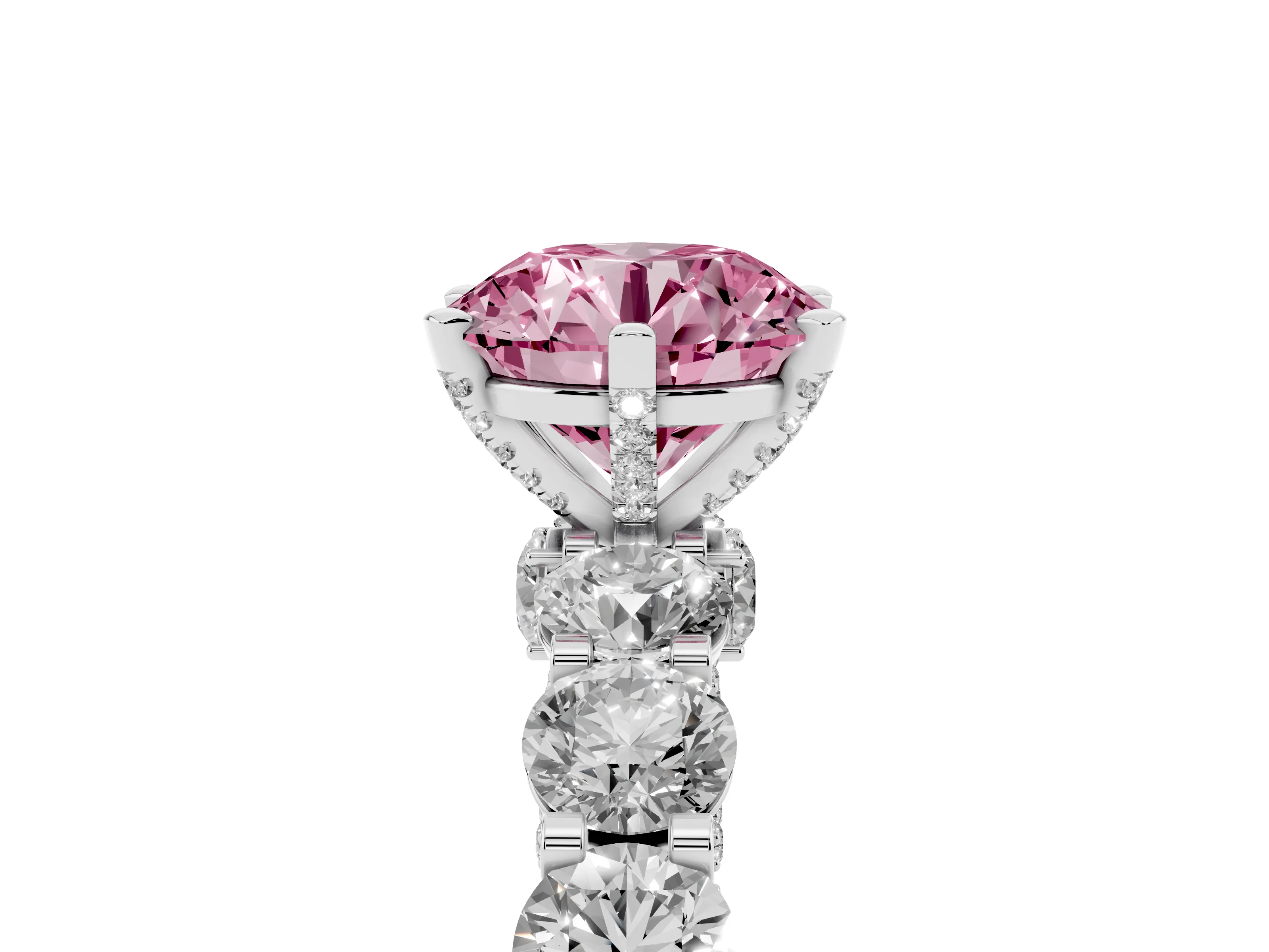 Fancy Pink Round Cut Diamond Side Stone Ring Set in White gold with Alternating Round and Oval Side Stones
