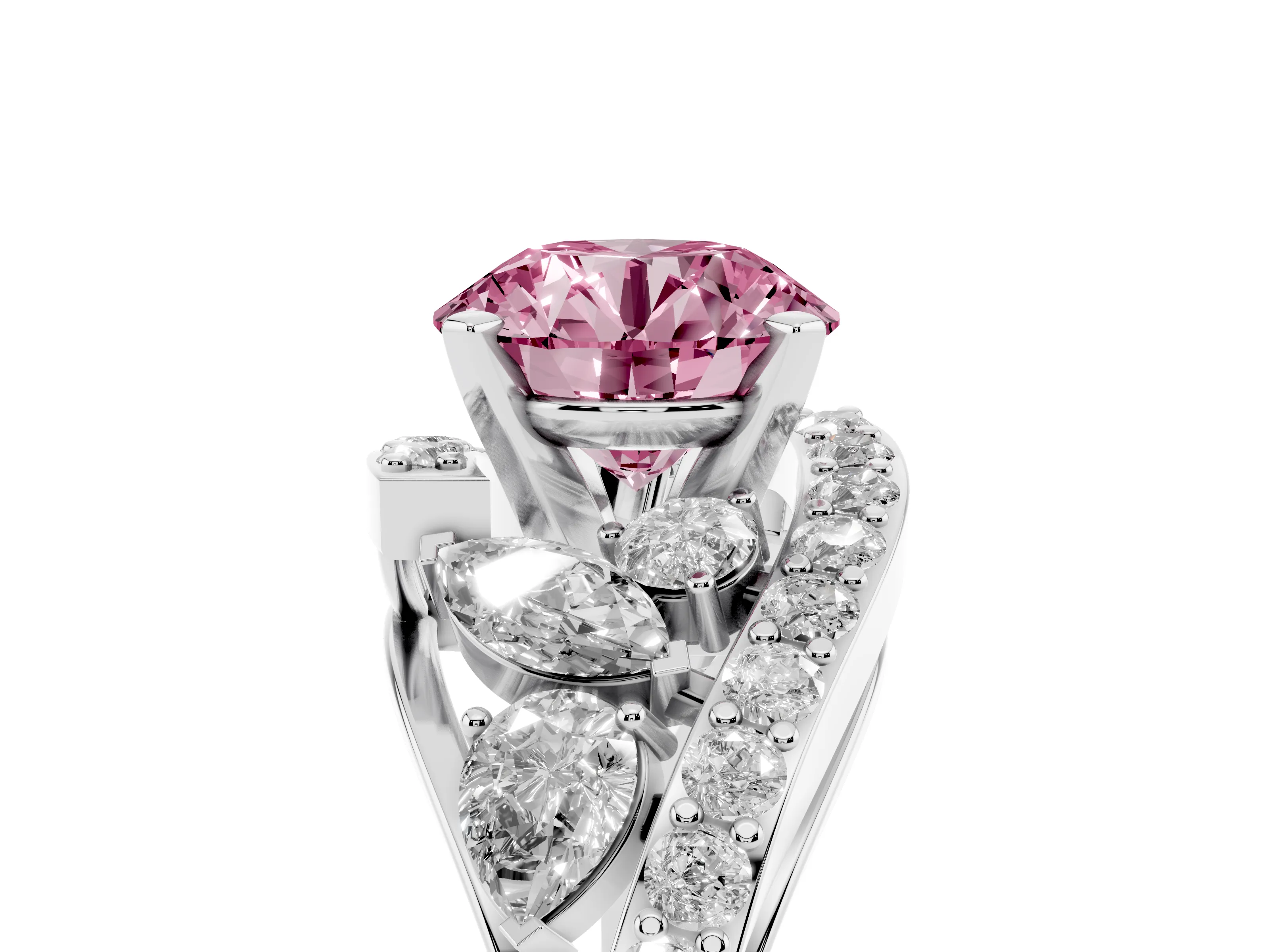 Fancy Pink Round Cut Diamond Halo Ring Set in Silver with Marquise and Pavé Band in Prong Setting