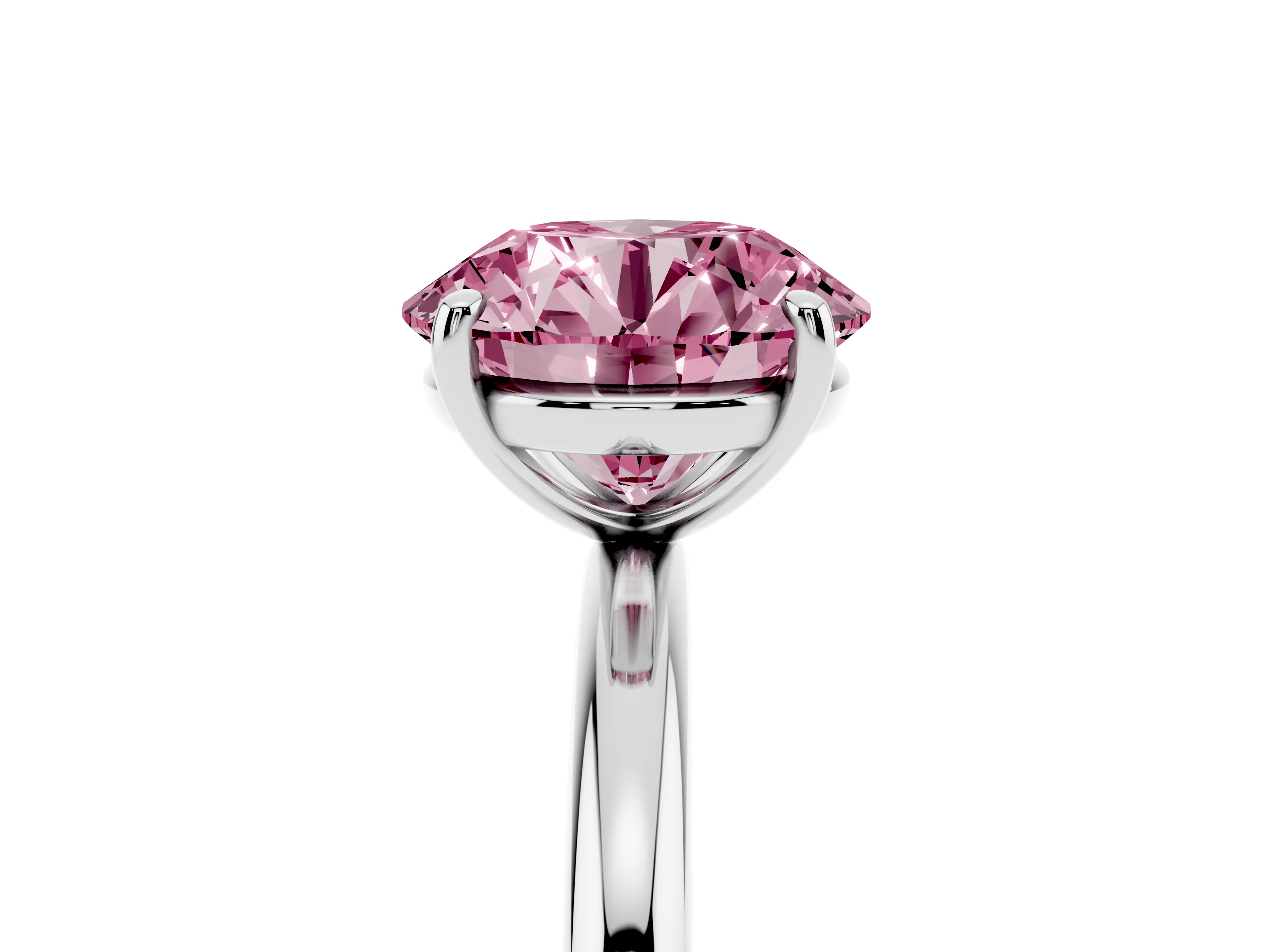Fancy Pink Round Cut Diamond Solitaire Ring Set in Platinum with Prong Setting on a Polished Plain Band