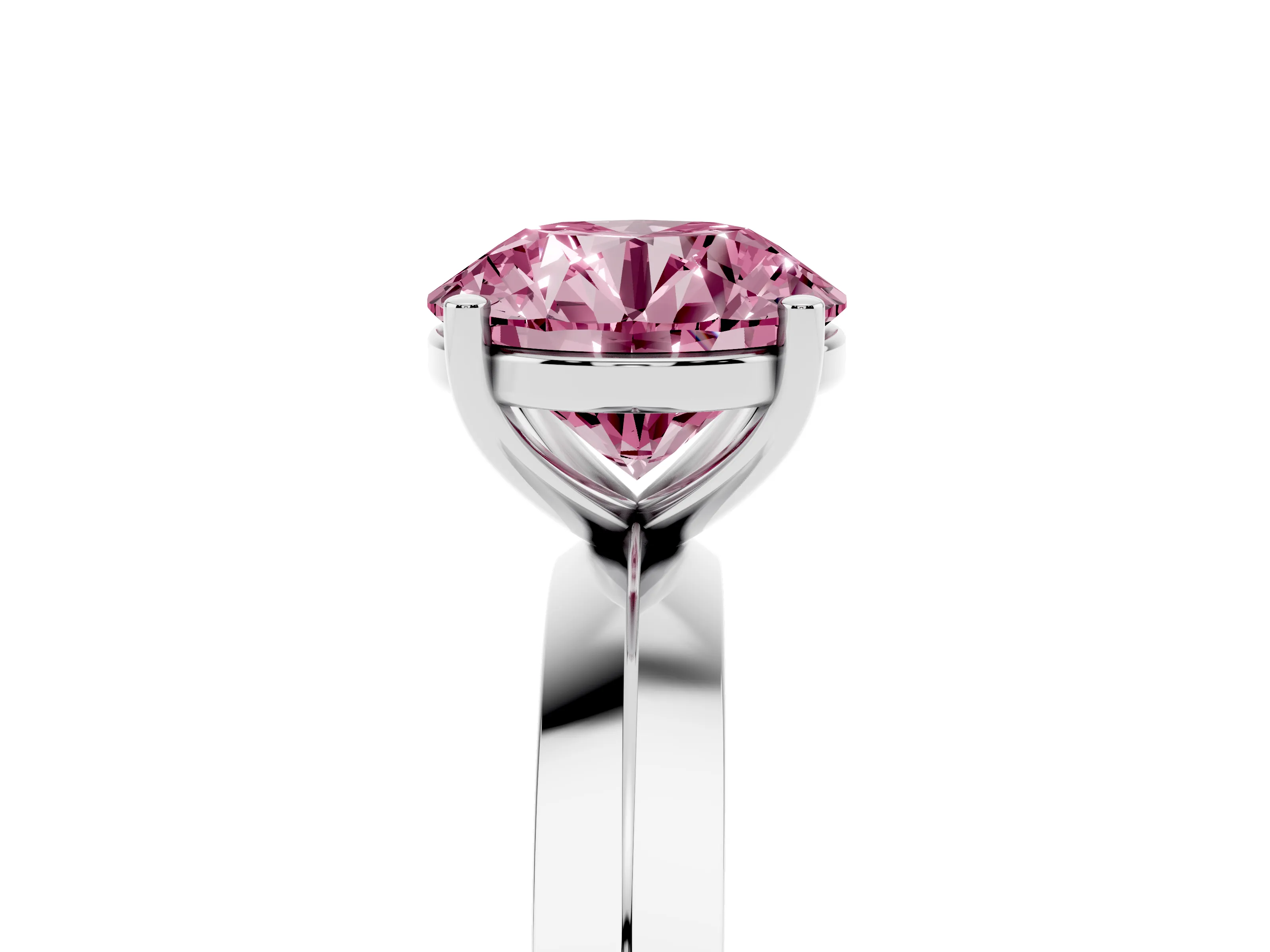 Fancy Pink Round Cut Diamond Solitaire Engagement Ring Set in Platinum with Flat Band and Prong Setting