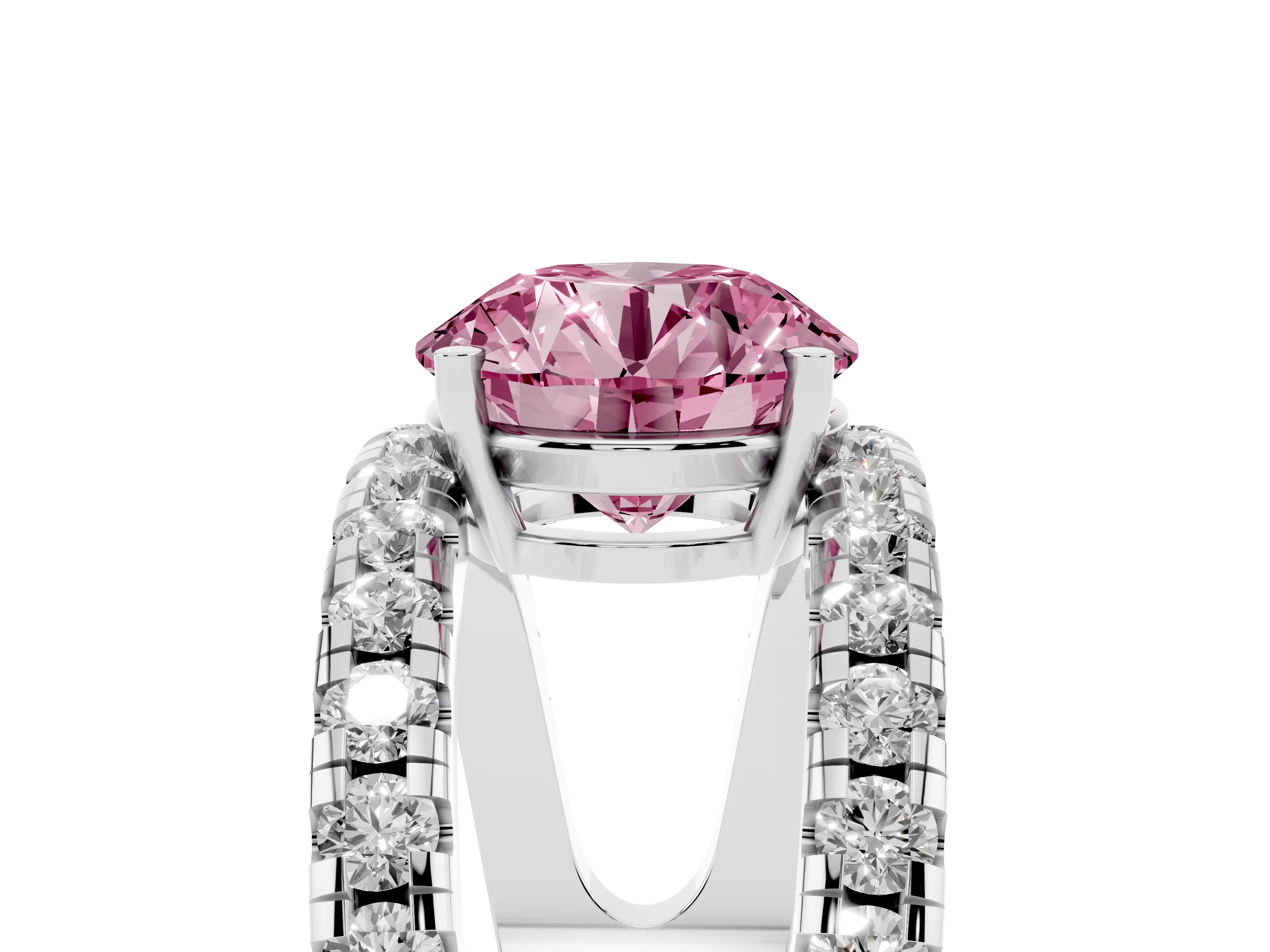 Fancy Pink Round Cut Diamond Split Shank Pavé Solitaire Ring Set in White gold with Open Shank Design