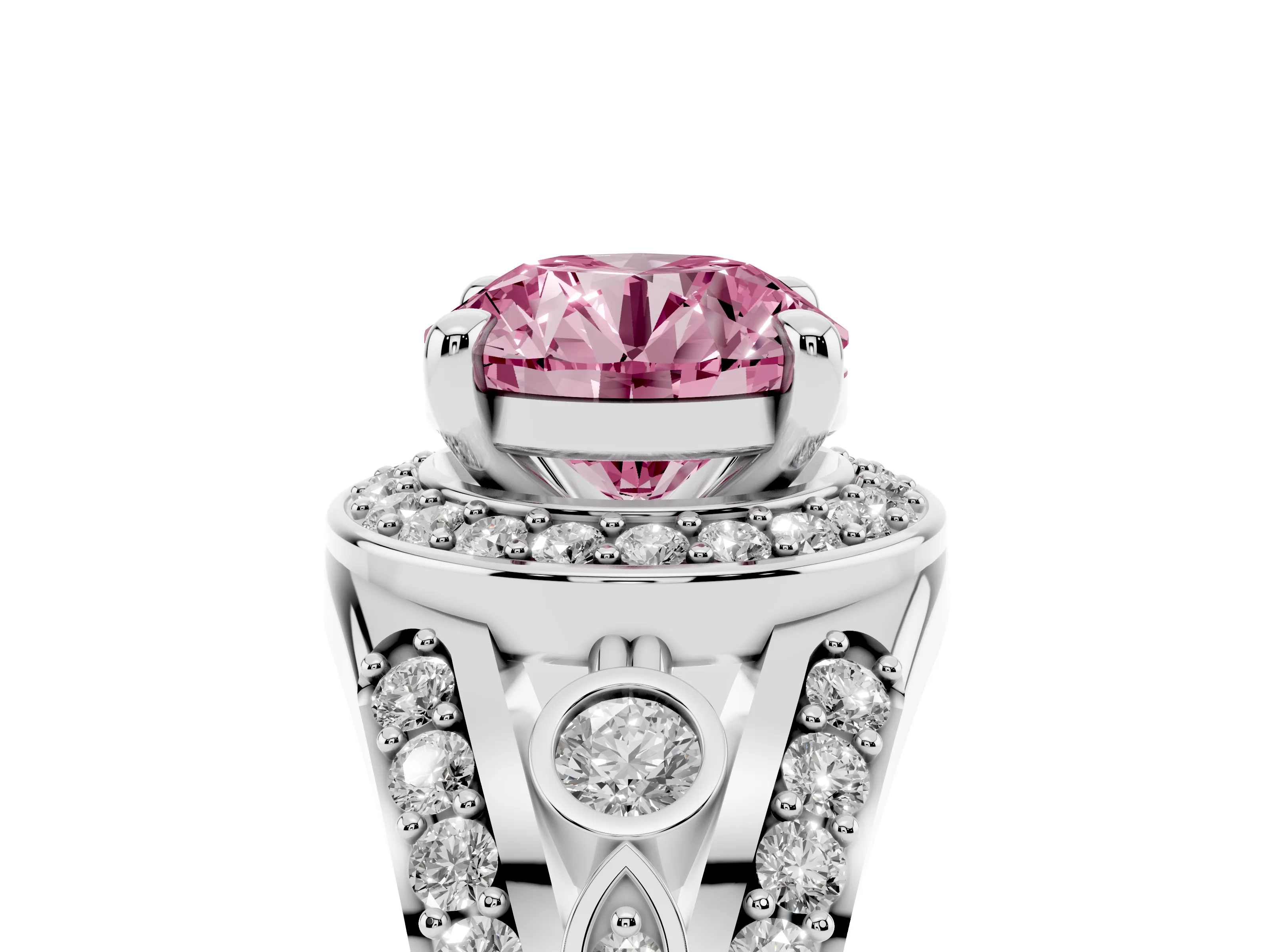 Fancy Pink Round Cut Diamond Halo Ring Set in Platinum with Pavé Split Shank and Bezel Accents