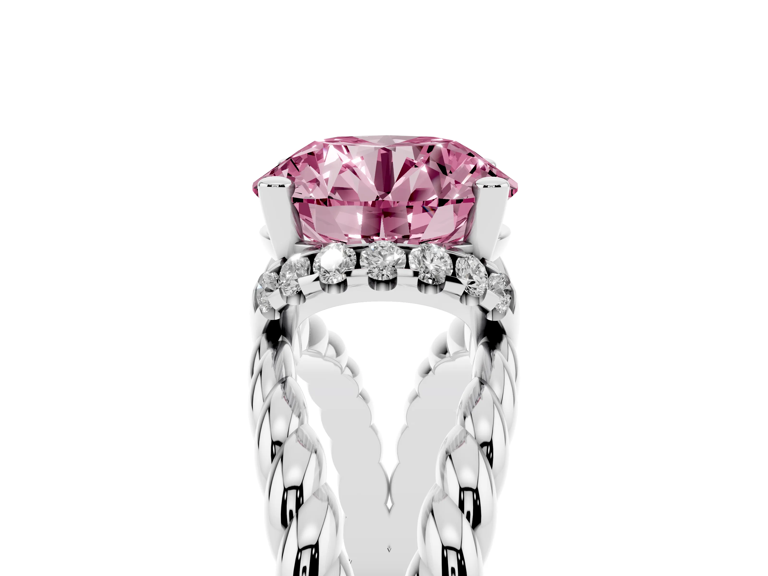 Fancy Pink Round Cut Diamond Halo Ring Set in White gold with Twisted Band and Prong Setting