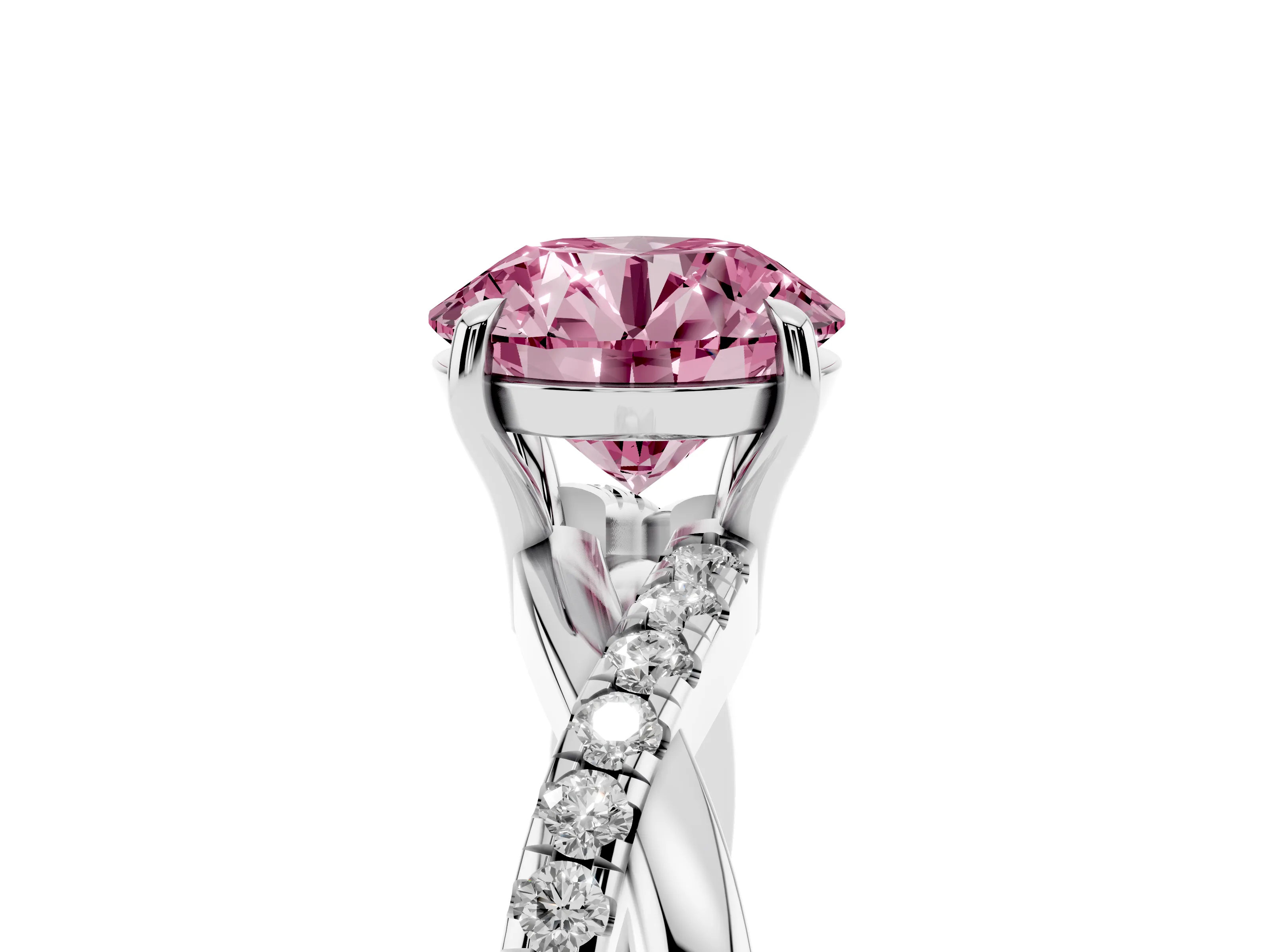 Fancy Pink Round Cut Diamond Twisted Pavé Band Ring Set in Silver with Prong Setting