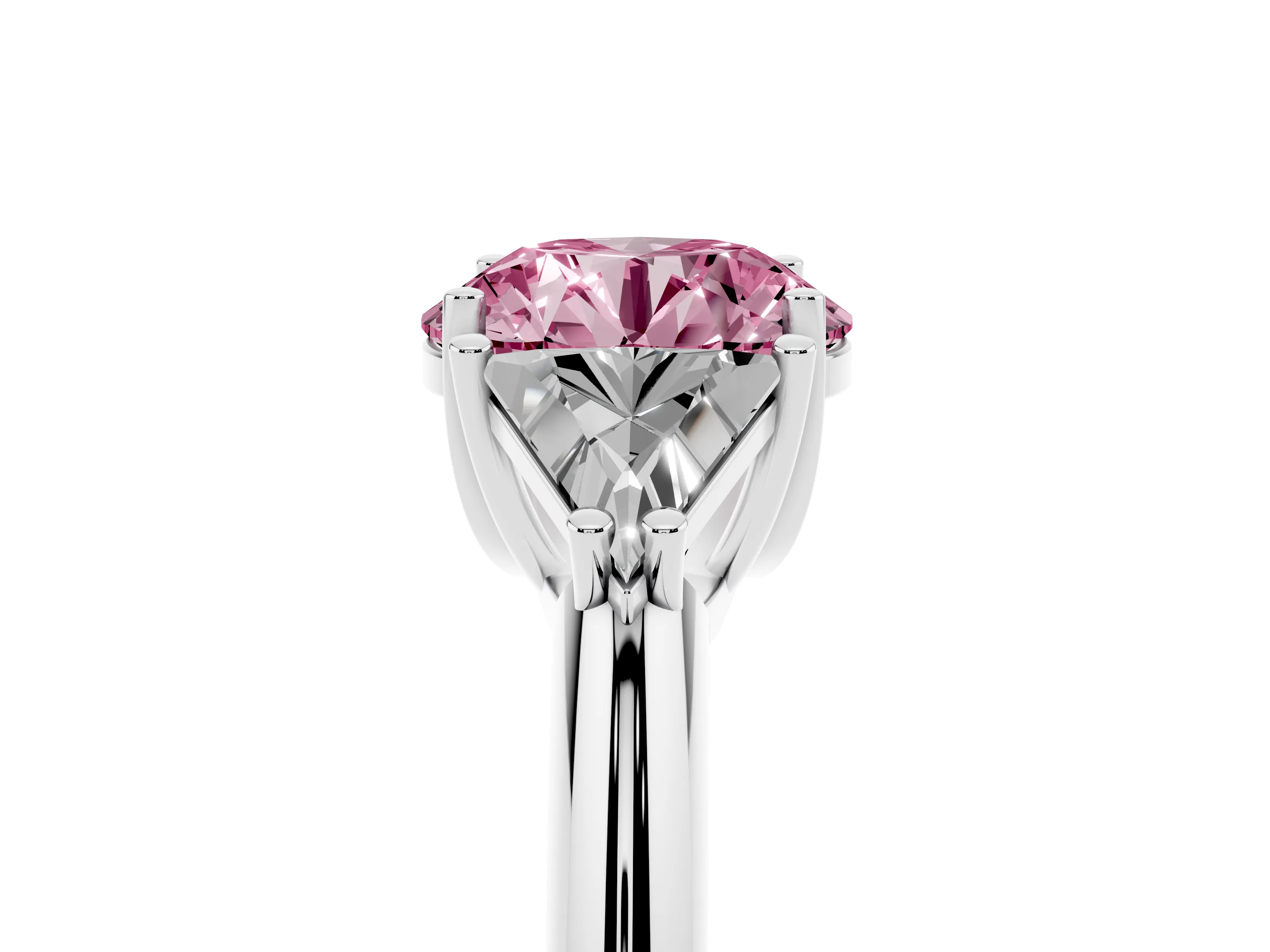 Fancy Pink Round Cut Diamond Three-Stone Engagement Ring Set in White gold with Trillion Side Stones