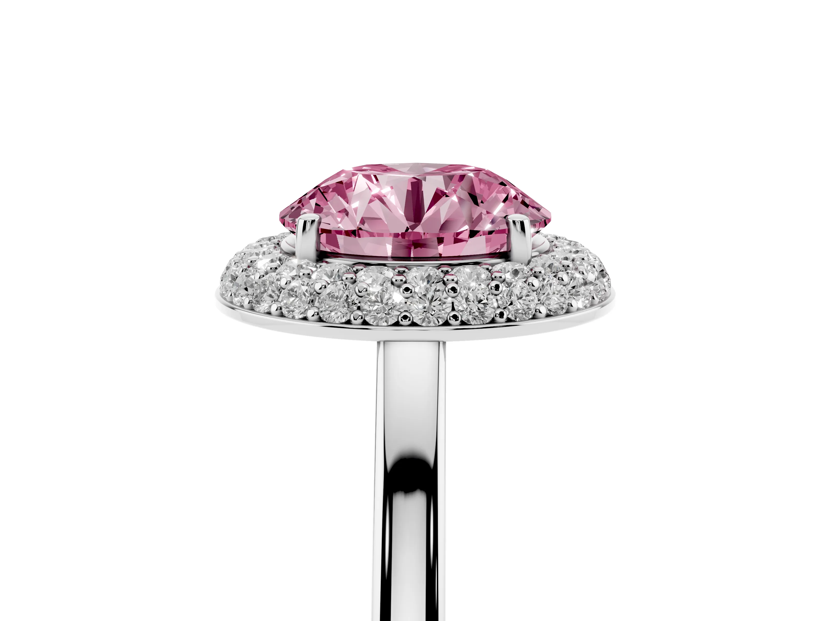 Fancy Pink Round Cut Diamond Halo Engagement Ring Set in White gold with Solitaire Band and Prong Setting