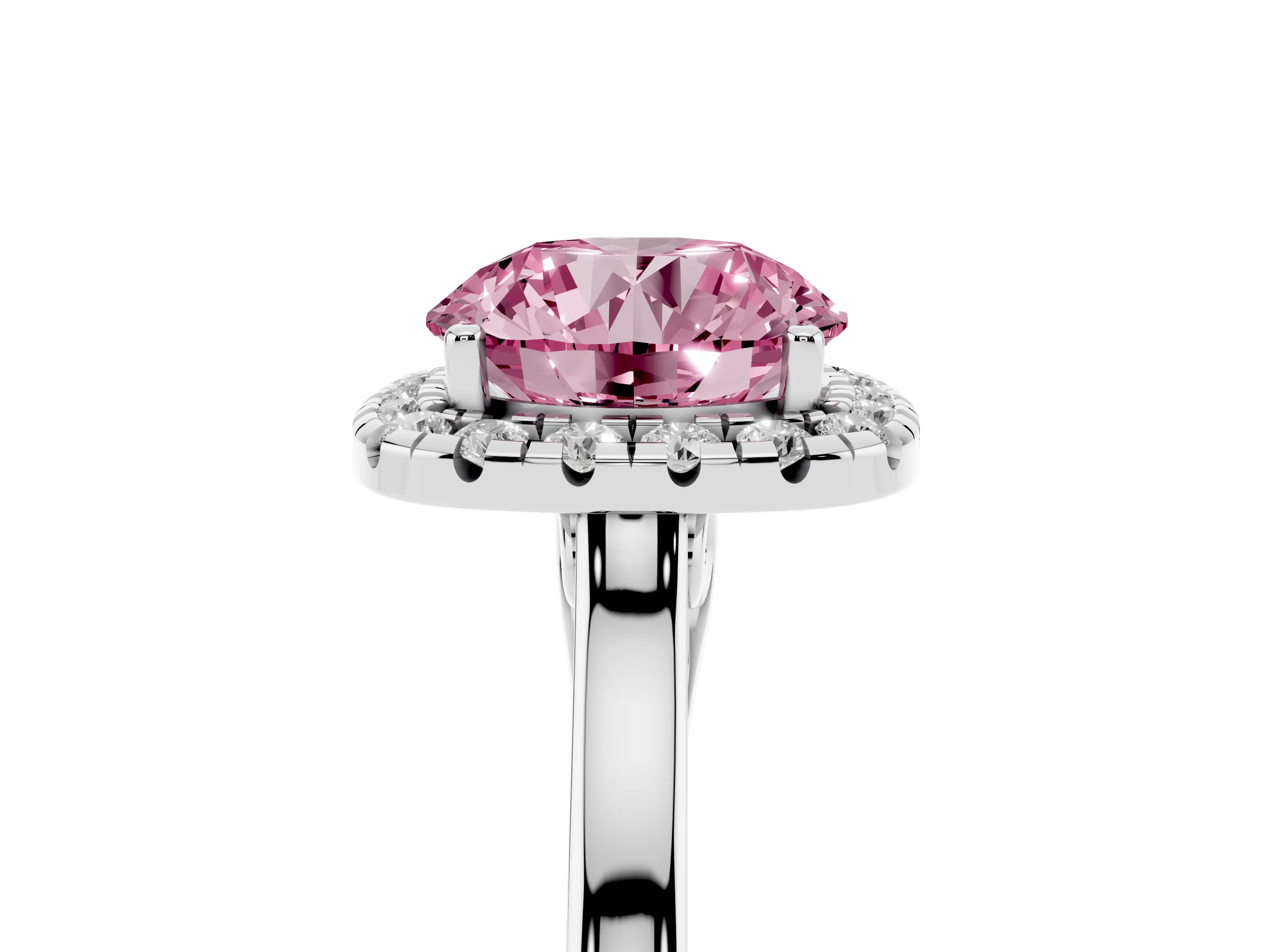 Fancy Pink Round Cut Halo Round Diamond Solitaire Ring Set in Silver with Pavé Band and Prong Setting