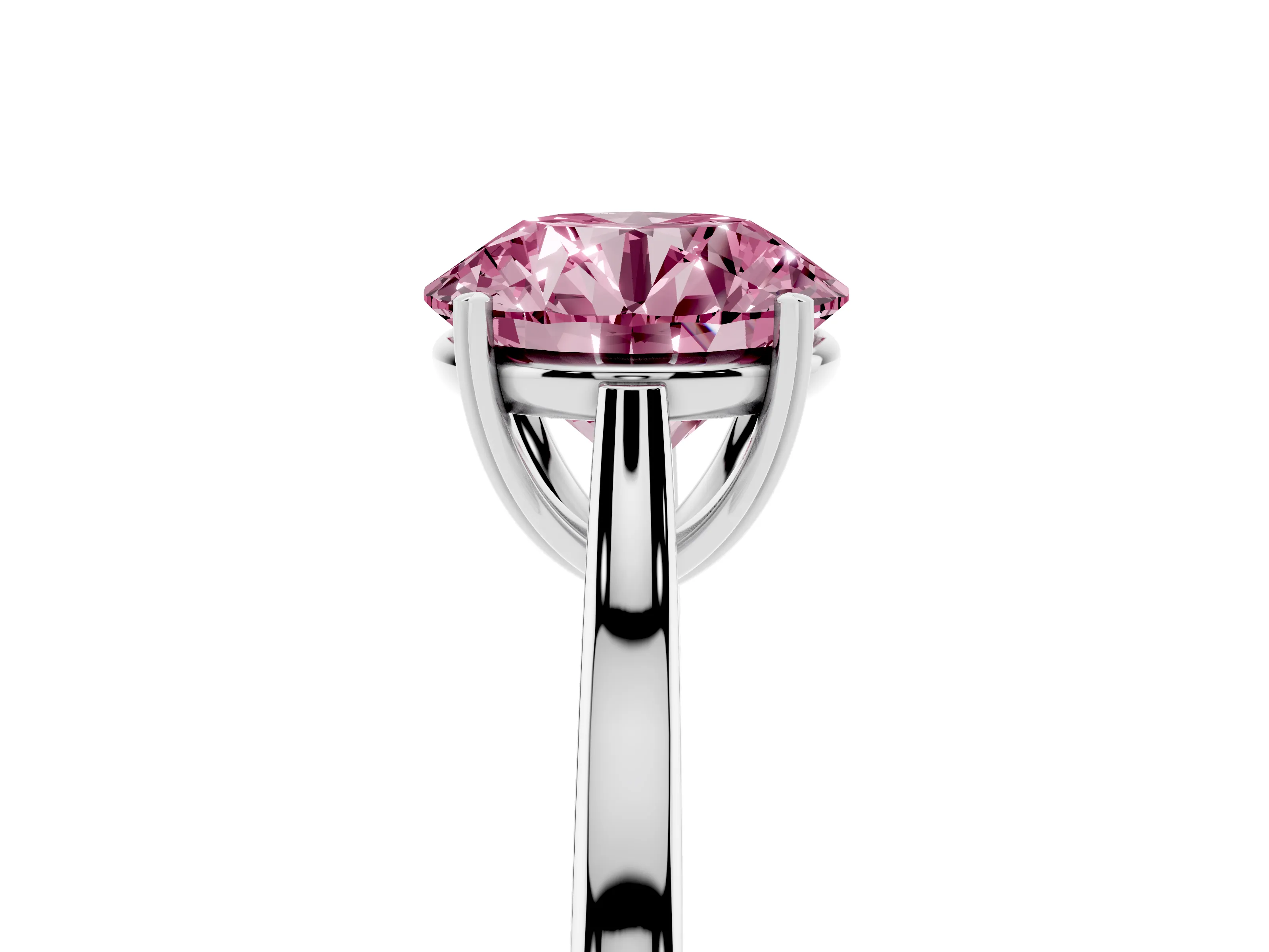 Fancy Pink Round Cut Diamond Solitaire Heart Prong Engagement Ring Set in Platinum with Tapered Band