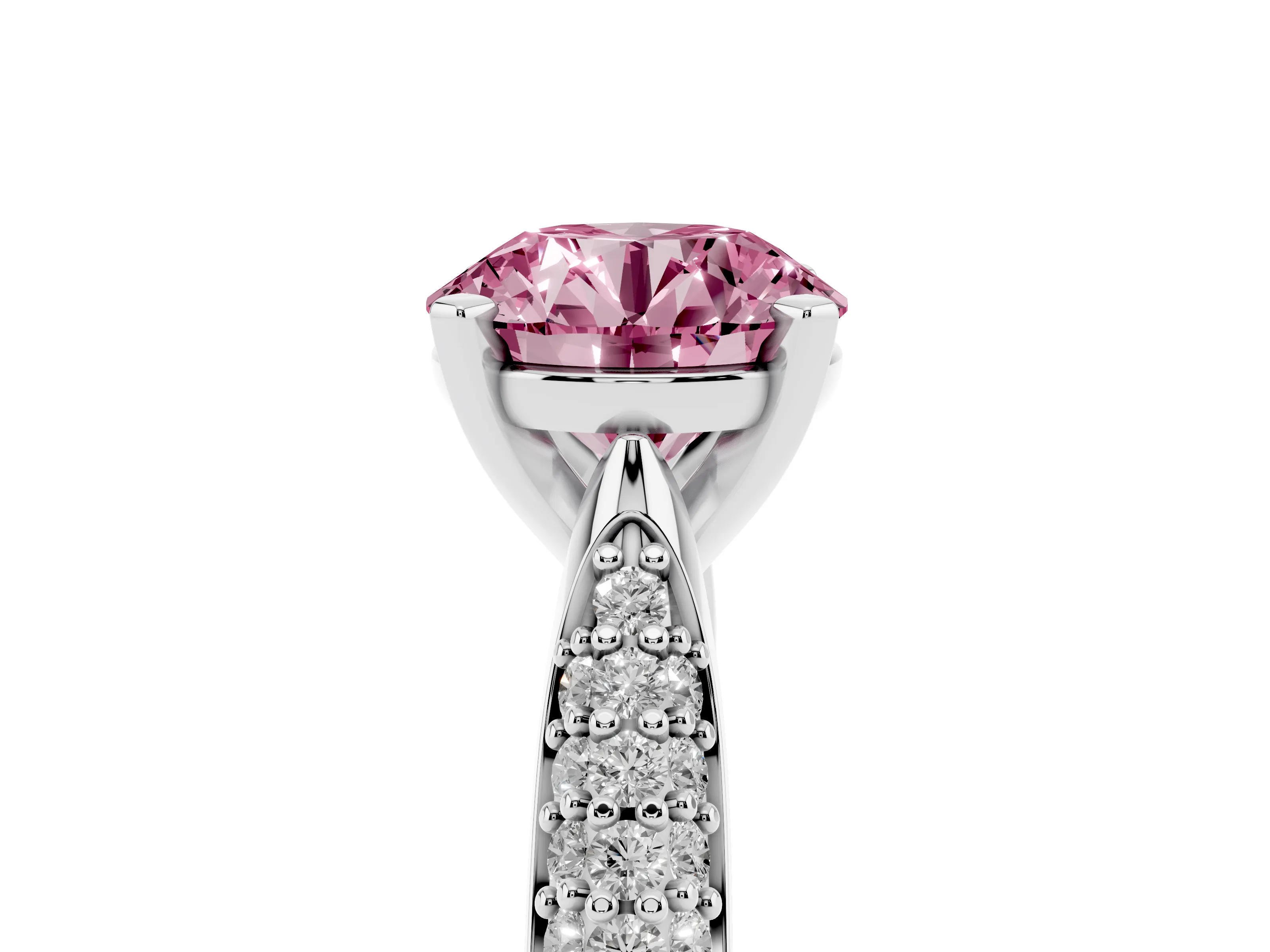 Fancy Pink Round Cut Diamond Solitaire Engagement Ring Set in Platinum with Multi-Row Round Pavé Band and Prong Setting