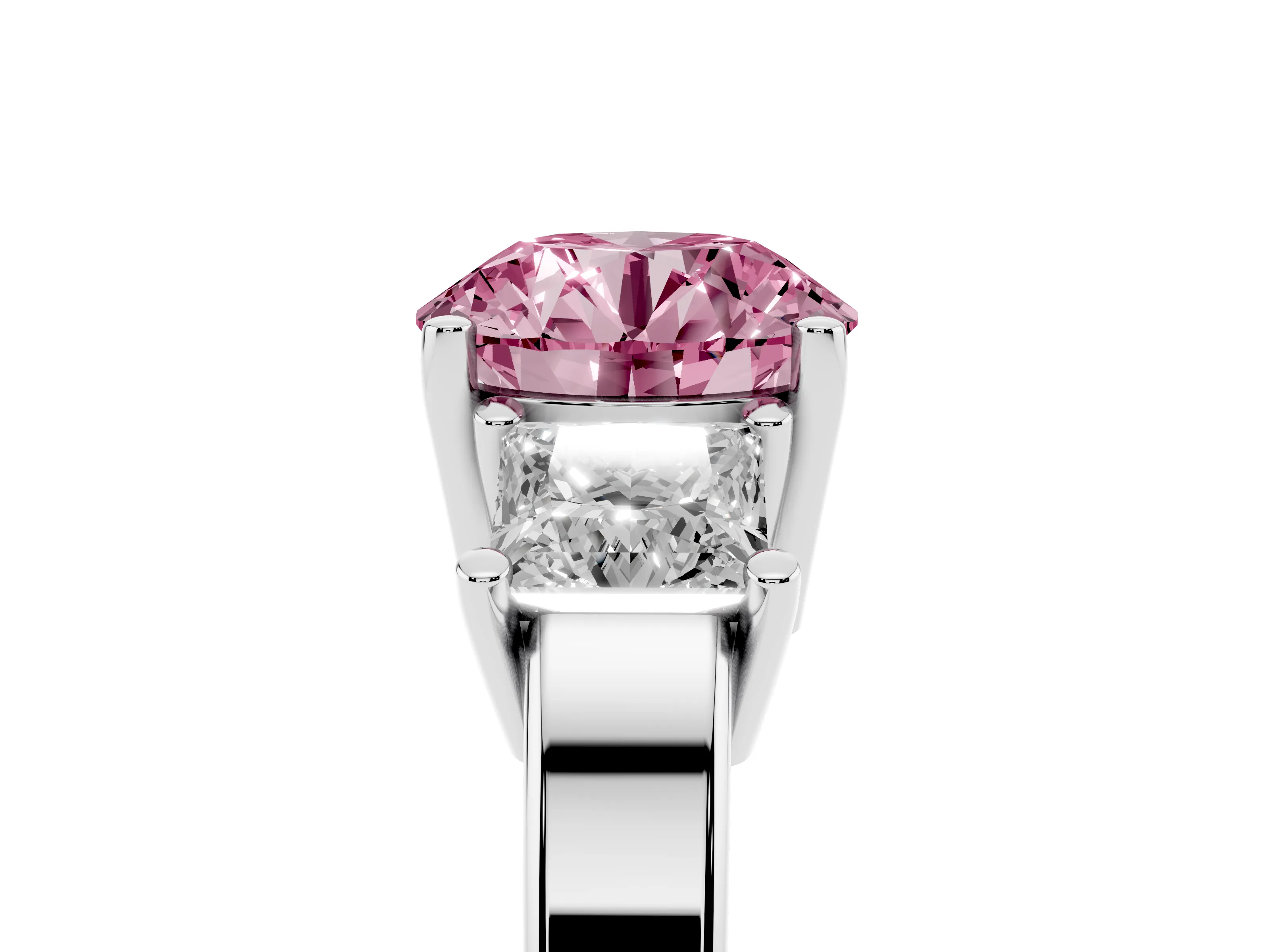 Fancy Pink Three-Stone Round Cut Diamond Solitaire Ring Set in White gold with Prong Setting
