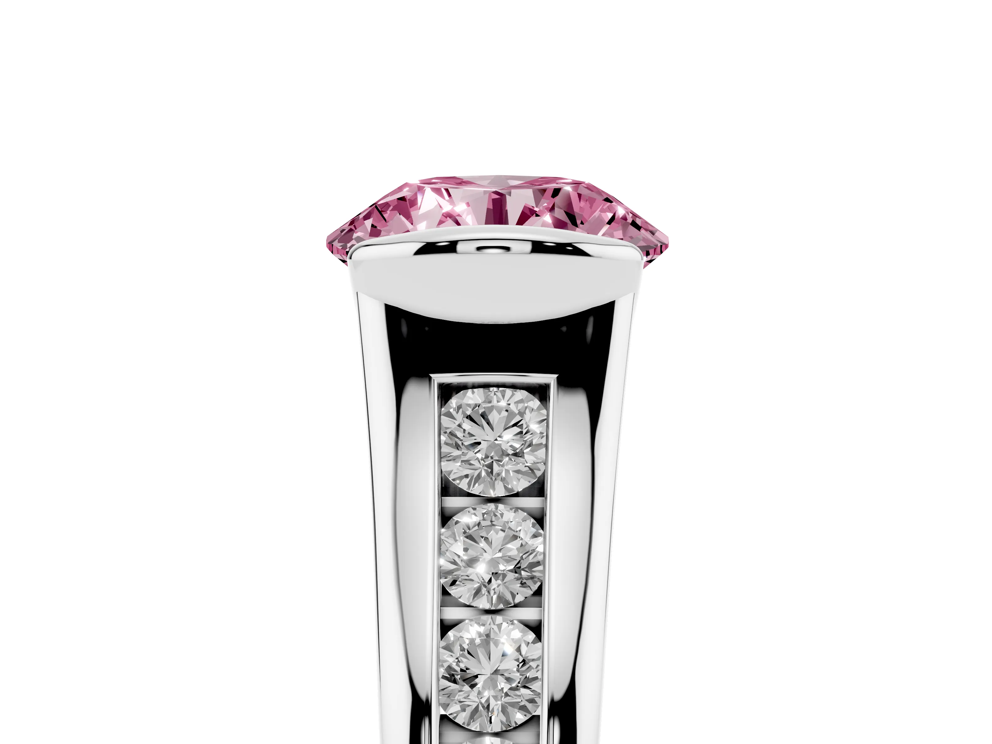 Fancy Pink Round Cut Diamond Bezel-Set Solitaire Ring Set in White gold with Channel-Set Band