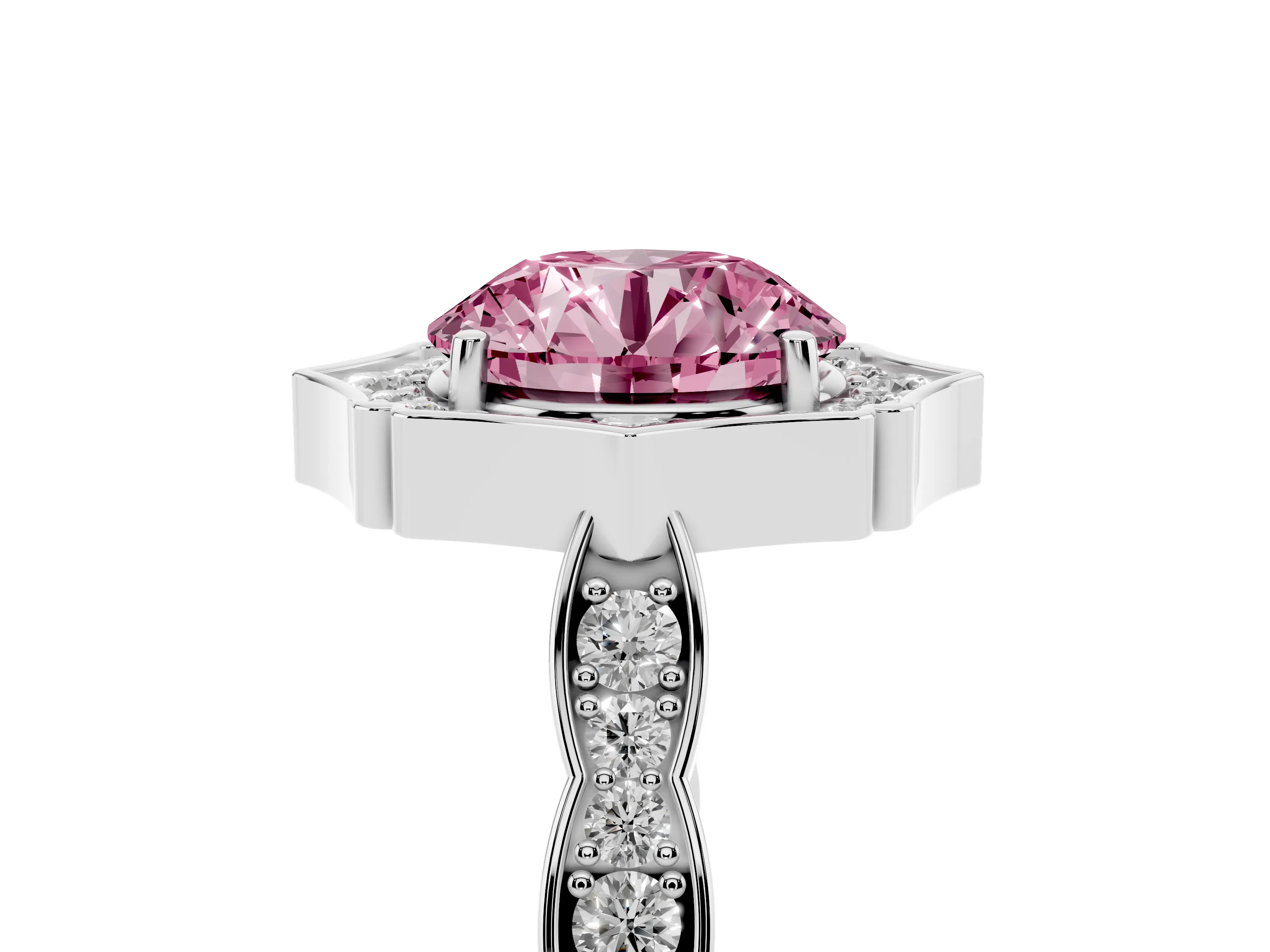 Fancy Pink Round Cut Diamond Halo Engagement Ring Set in Platinum with Milgrain Band and Prong Setting