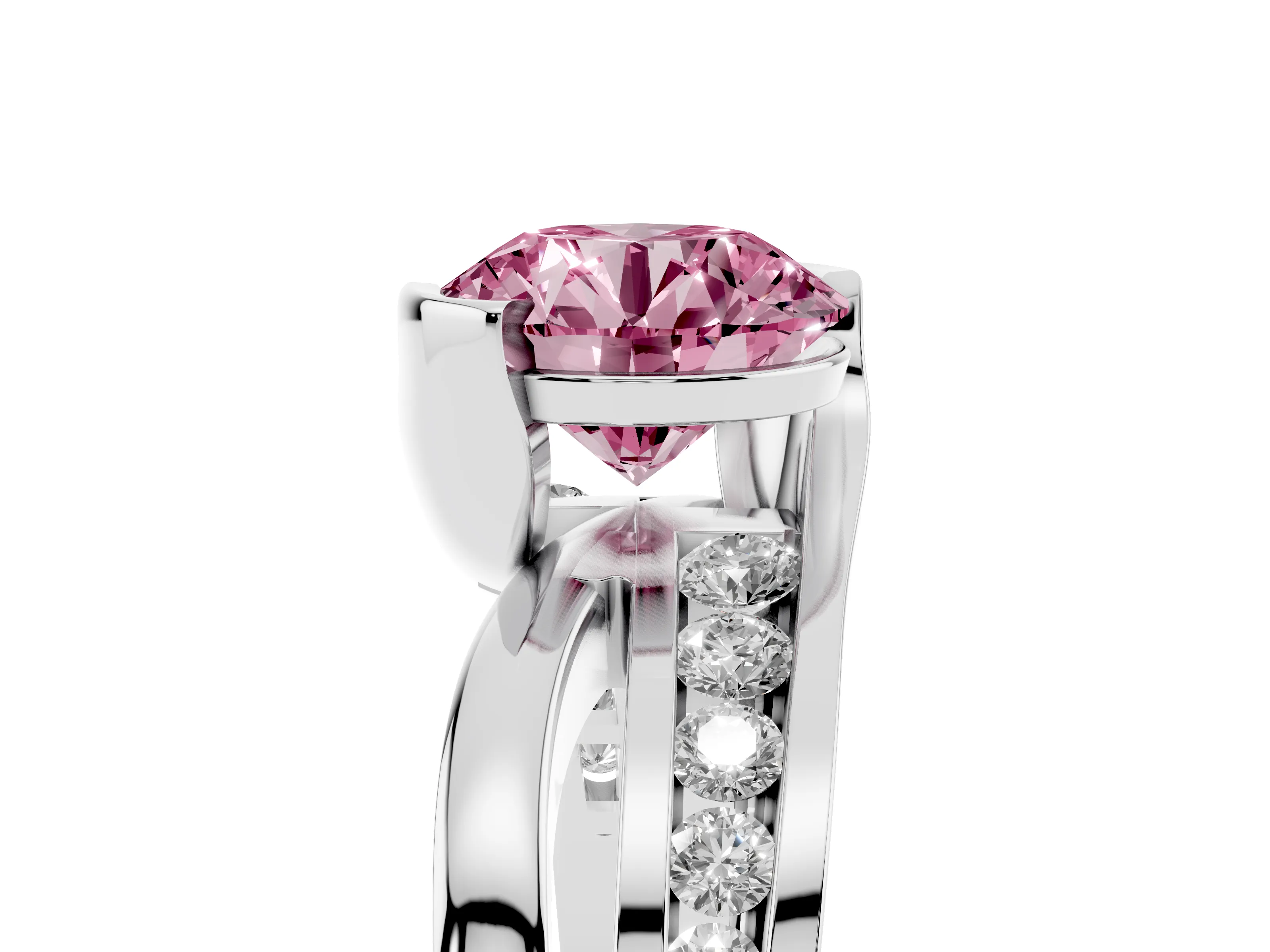 Fancy Pink Round Cut Diamond Solitaire Ring Set in Silver with Channel Set Split Shank and Tension Prongs