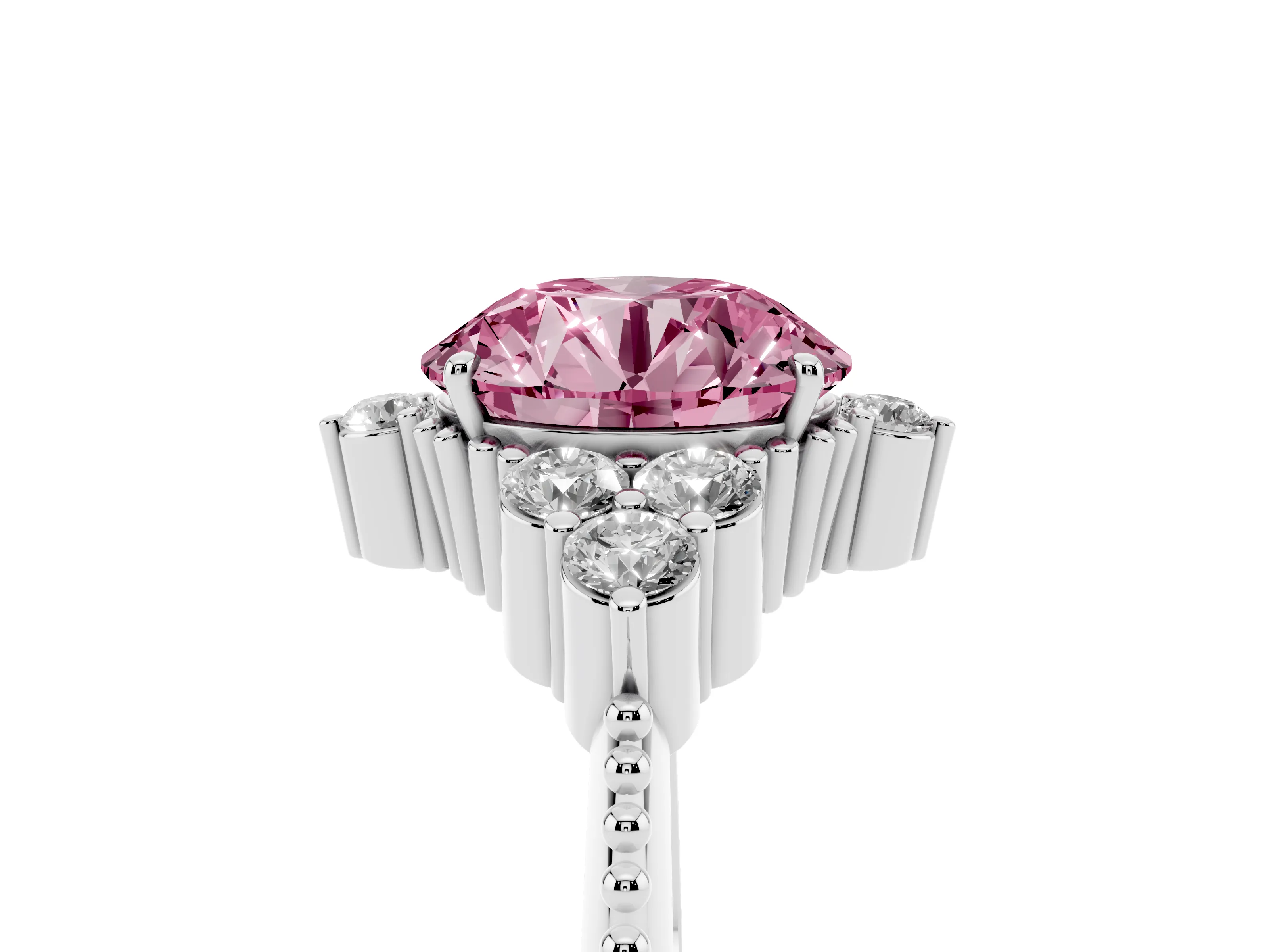 Fancy Pink Round Cut Diamond Cluster Ring Set in Silver with Beaded Band