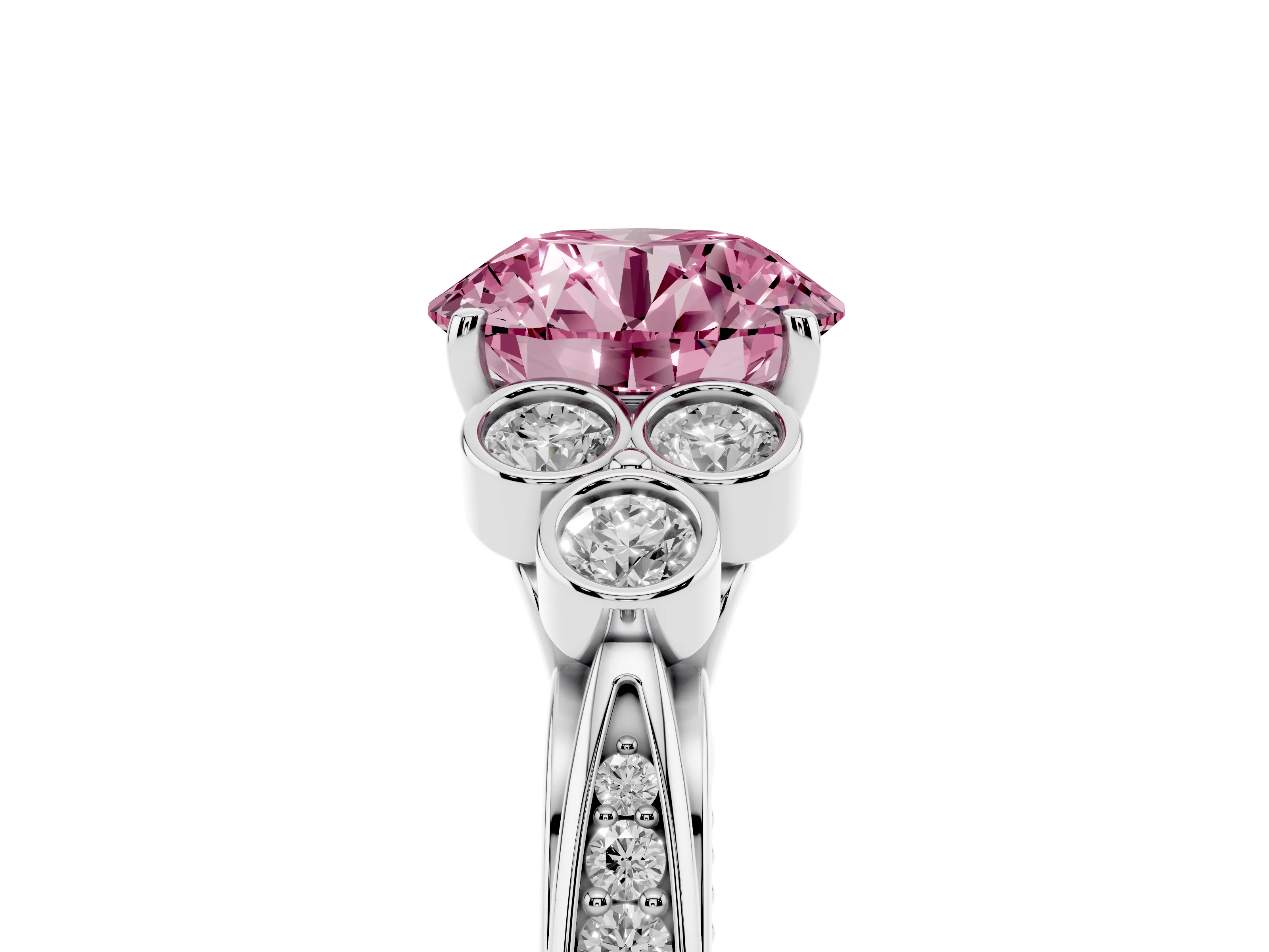 Fancy Pink Round Cut Diamond Engagement Ring Set in White gold with Bezel Set Round Side Stones and Prong Setting