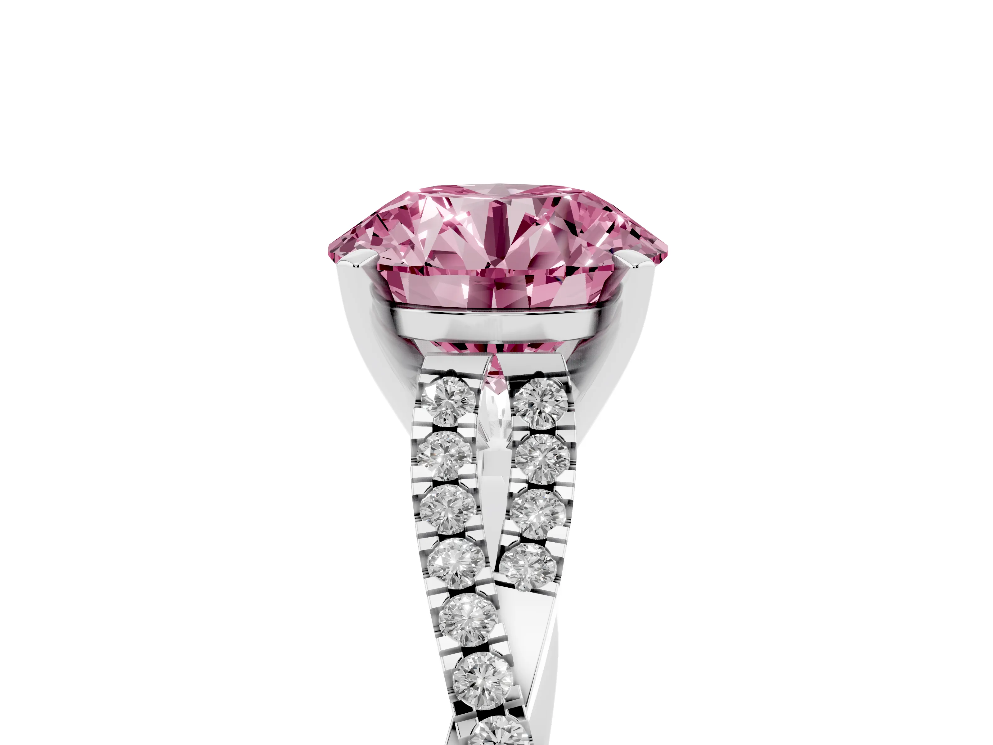 Fancy Pink Round Cut Diamond Solitaire Engagement Ring Set in Platinum with Twisted Pavé Band and Prong Setting