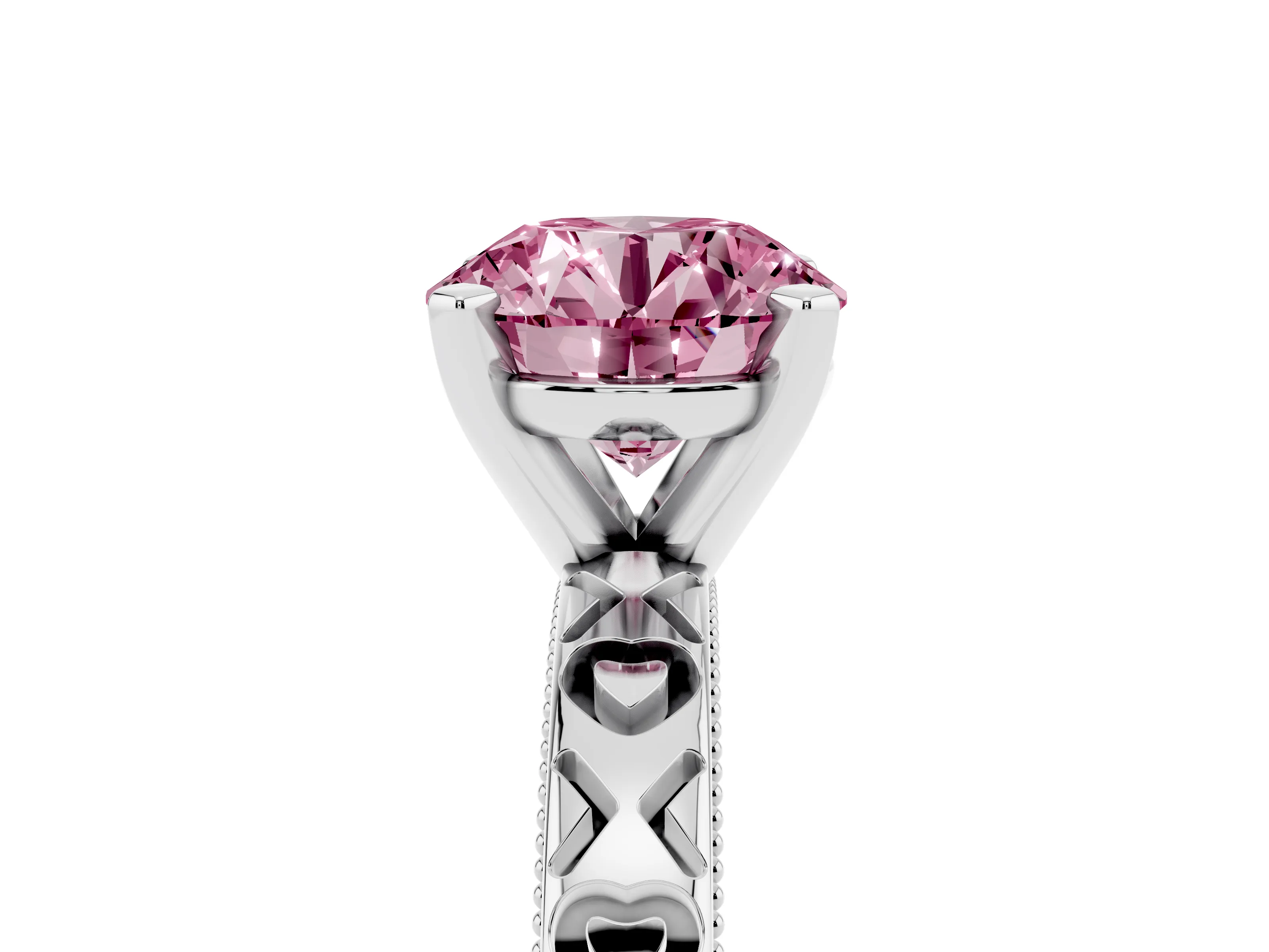 Fancy Pink Round Cut Diamond Solitaire Engagement Ring Set in White gold with XO Engraved Band and Prong Setting
