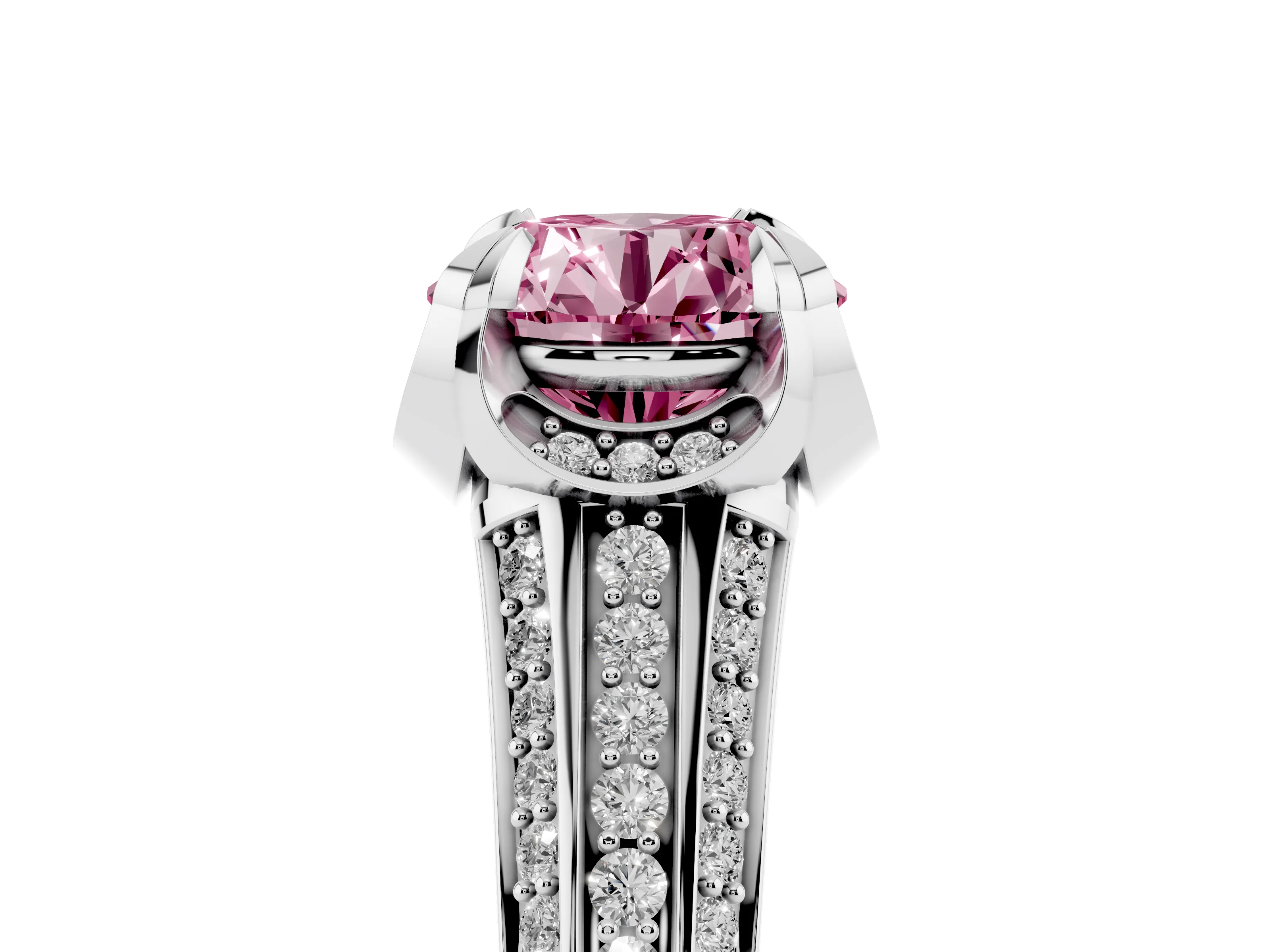 Fancy Pink Round Cut Diamond Pavé Split Shank Solitaire Ring Set in Platinum with Prong Setting