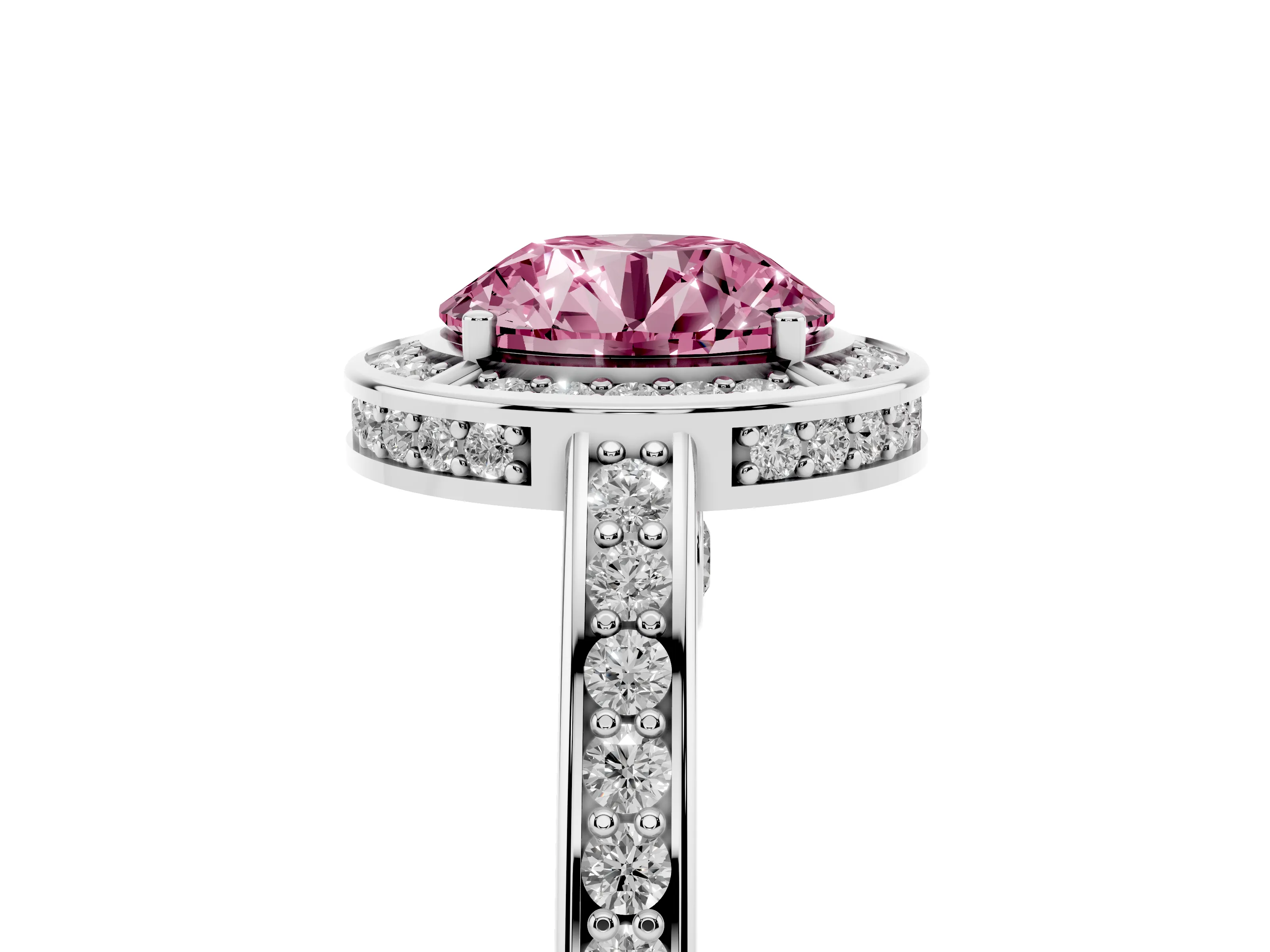 Fancy Pink Round Cut Diamond Halo Pavé Split Shank Ring Set in White gold with Prong Setting