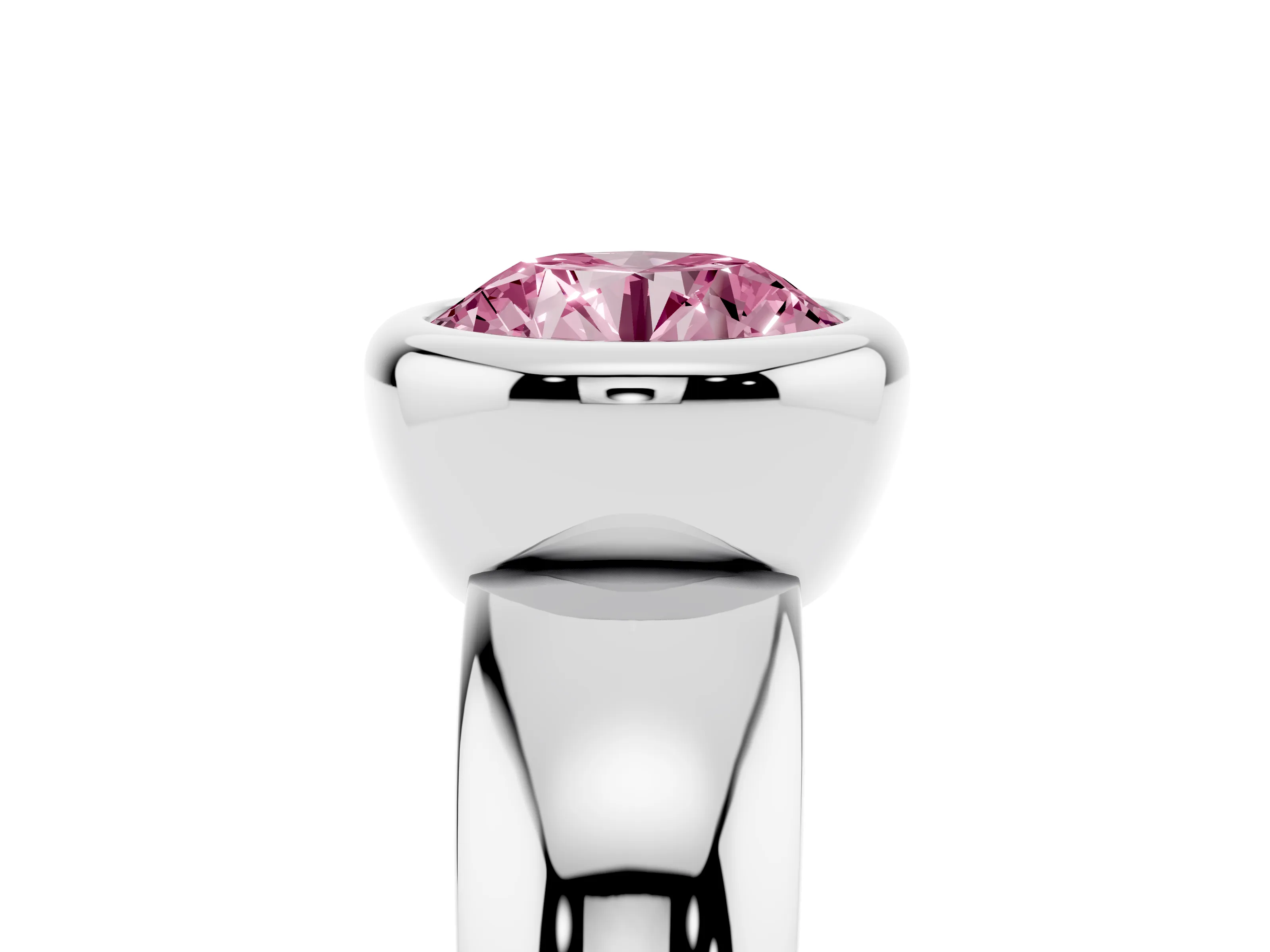 Fancy Pink Bezel Set Round Cut Diamond Solitaire Ring Set in Platinum with Wide Band