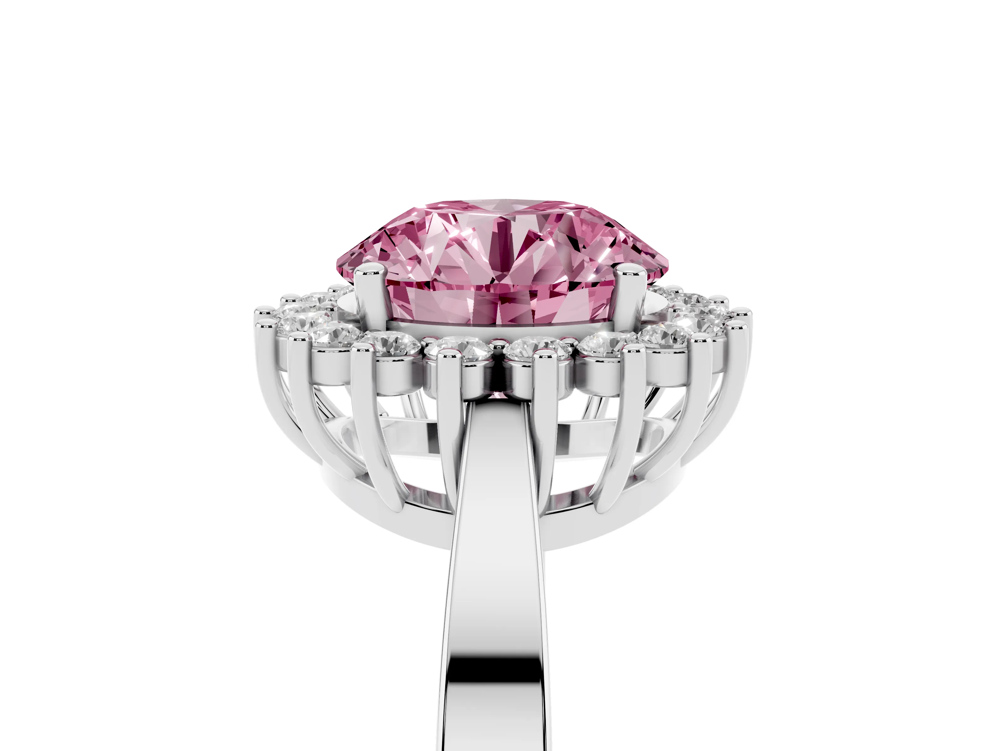 Fancy Pink Round Cut Diamond Halo Ring Set in Platinum with Round Halo and Smooth Solitaire Band