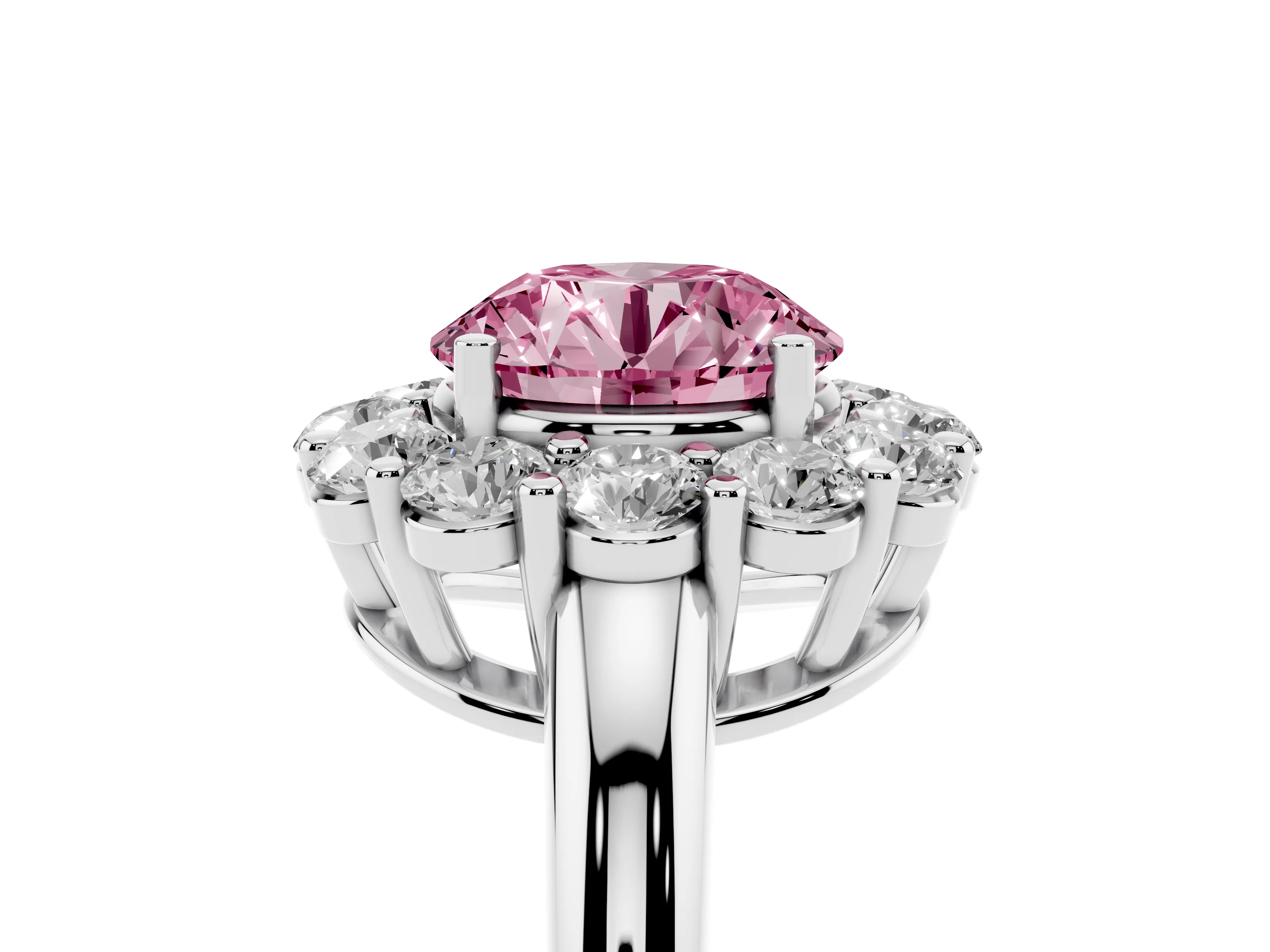 Fancy Pink Round Cut Diamond Halo Cluster Engagement Ring Set in White gold with Polished Band and Prong Setting